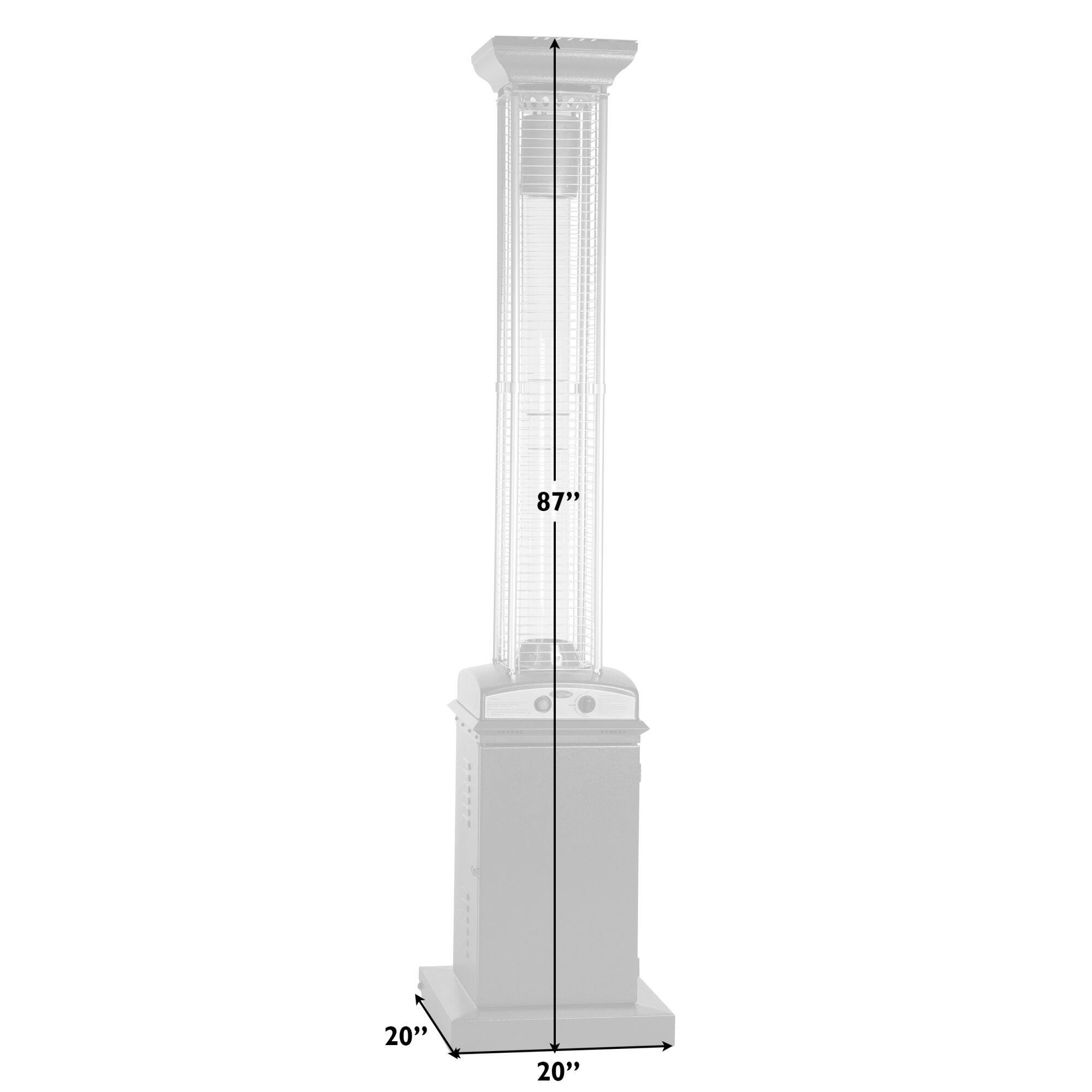 The text on the image reads "87" 20" 20". This indicates that the tall white structure is 87 inches tall, with a width of 20 inches at the base and 20 inches at the top.