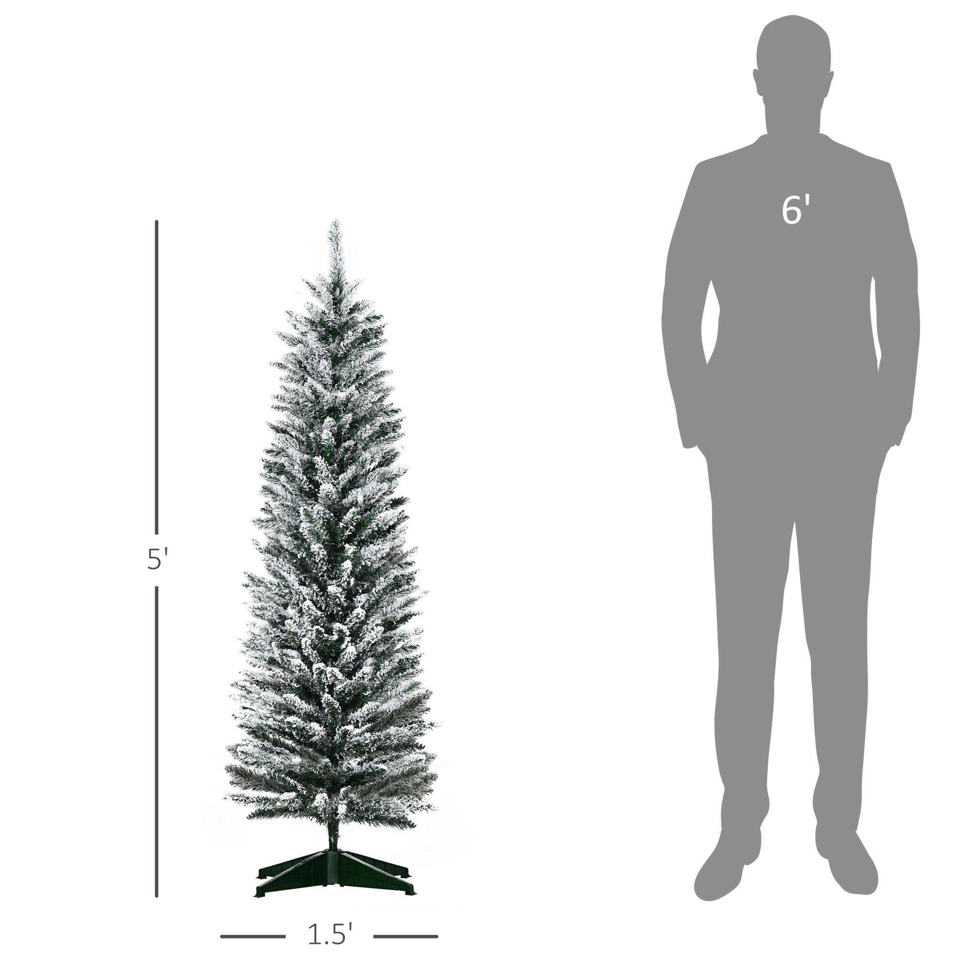 Left. Homcom - 5' Snow Flocked Artificial Pencil Christmas Tree, Slim Xmas Tree with Realistic Branches and Plastic Base Stand - Green.