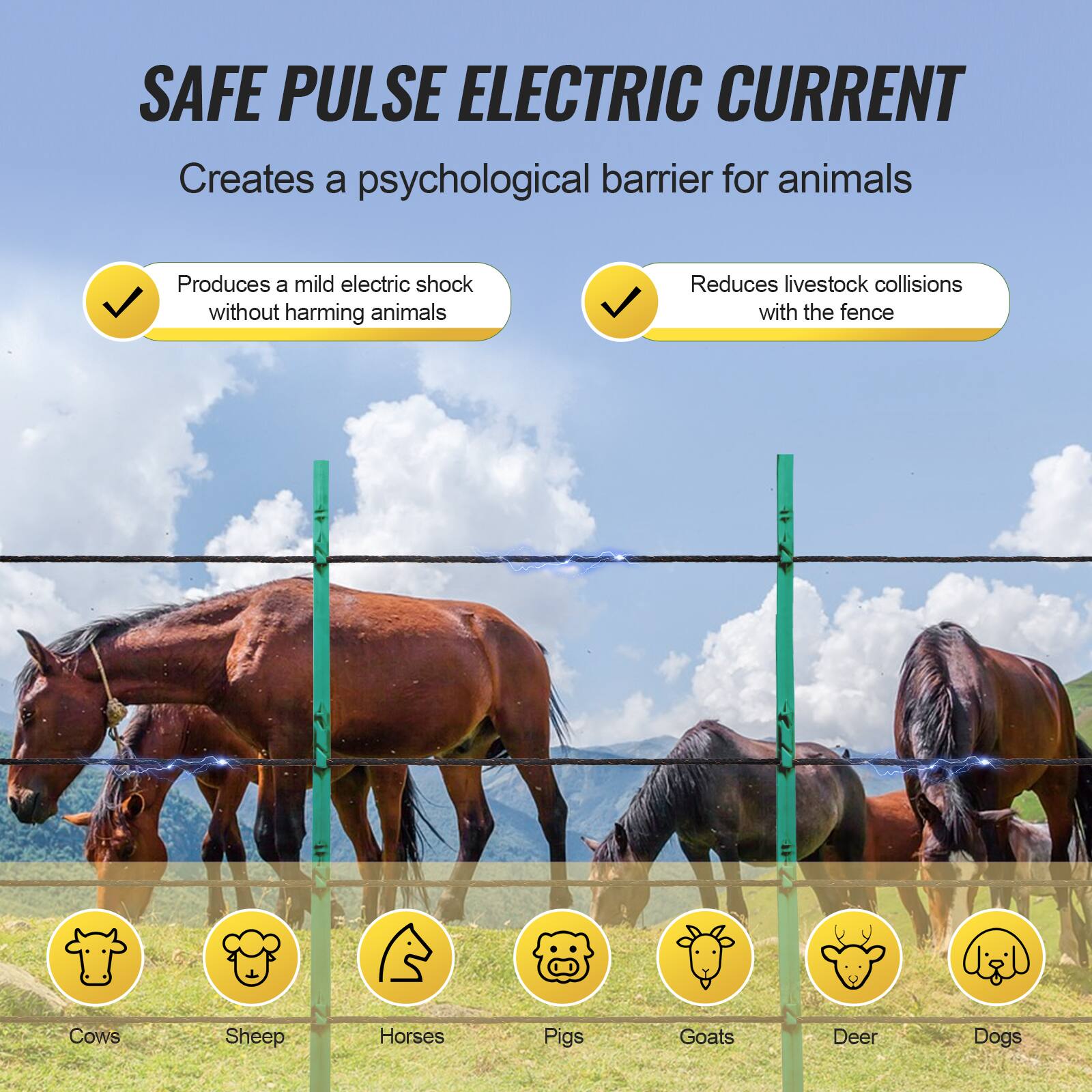 SAFE PULSE ELECTRIC CURRENT  
Creates a psychological barrier for animals  

- Produces a mild electric shock without harming animals  
- Reduces livestock collisions with the fence  

Cows  
Sheep  
Horses  
Pigs  
Goats  
Deer  
Dogs