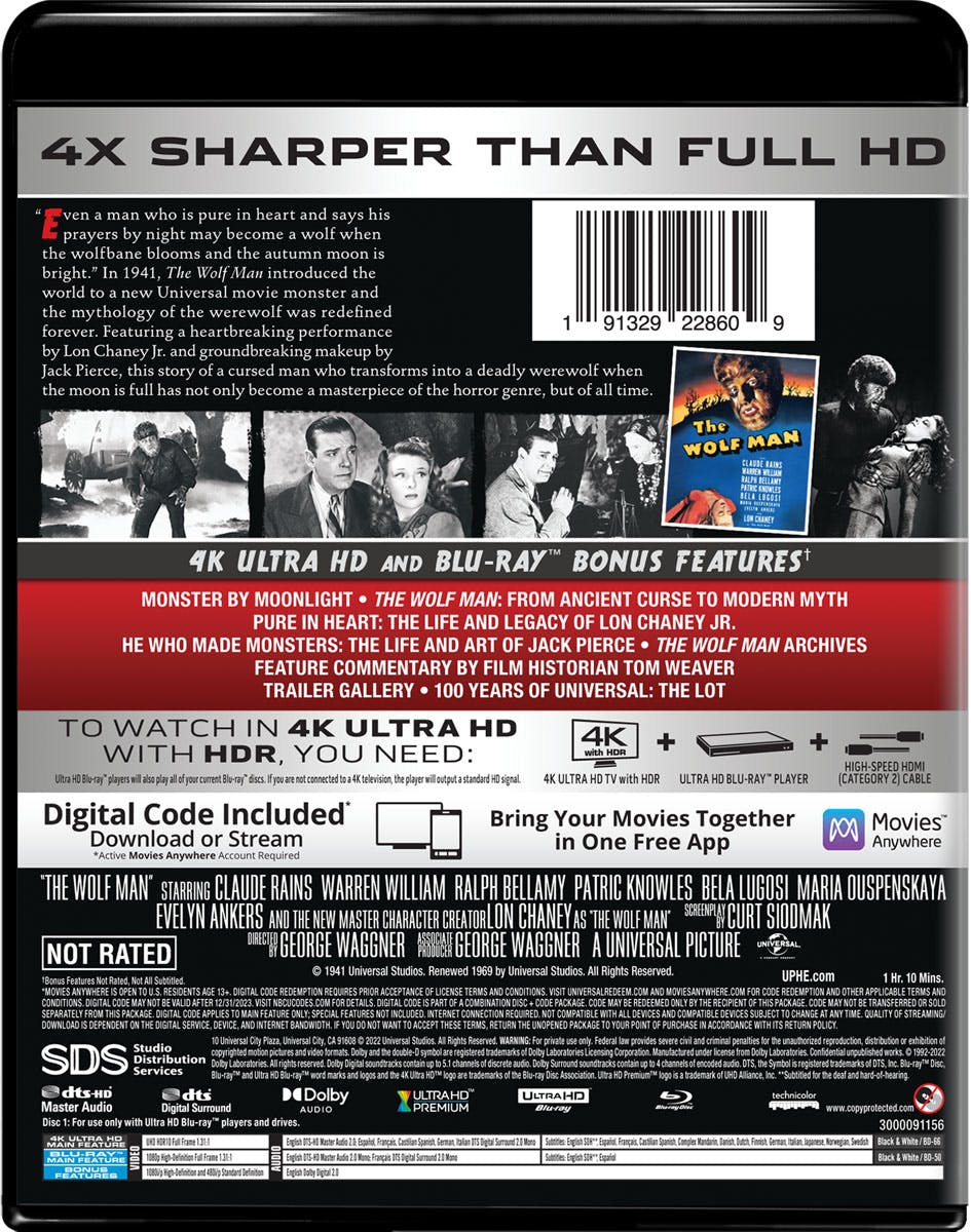 Back. The Wolf Man   - 4K Blu-Ray.