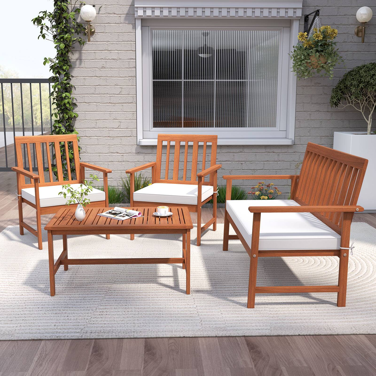 Alt View 2. Sugift - 4 Pieces Acacia Wood Furniture Set with Seat Cushions and Robust Wood Frame - White.