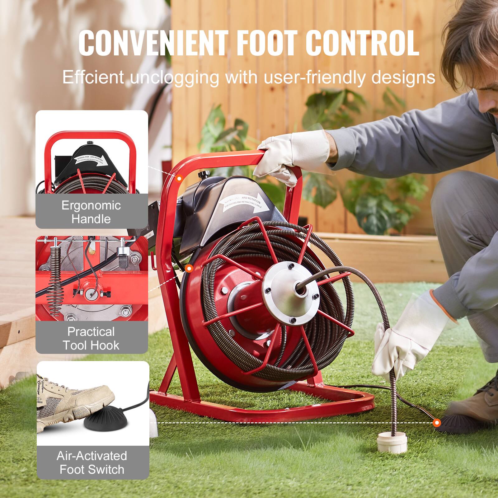 CONVENIENT FOOT CONTROL
Efficient unclogging with user-friendly designs
Ergonomic Handle
Practical Tool Hook
Air-Activated Foot Switch