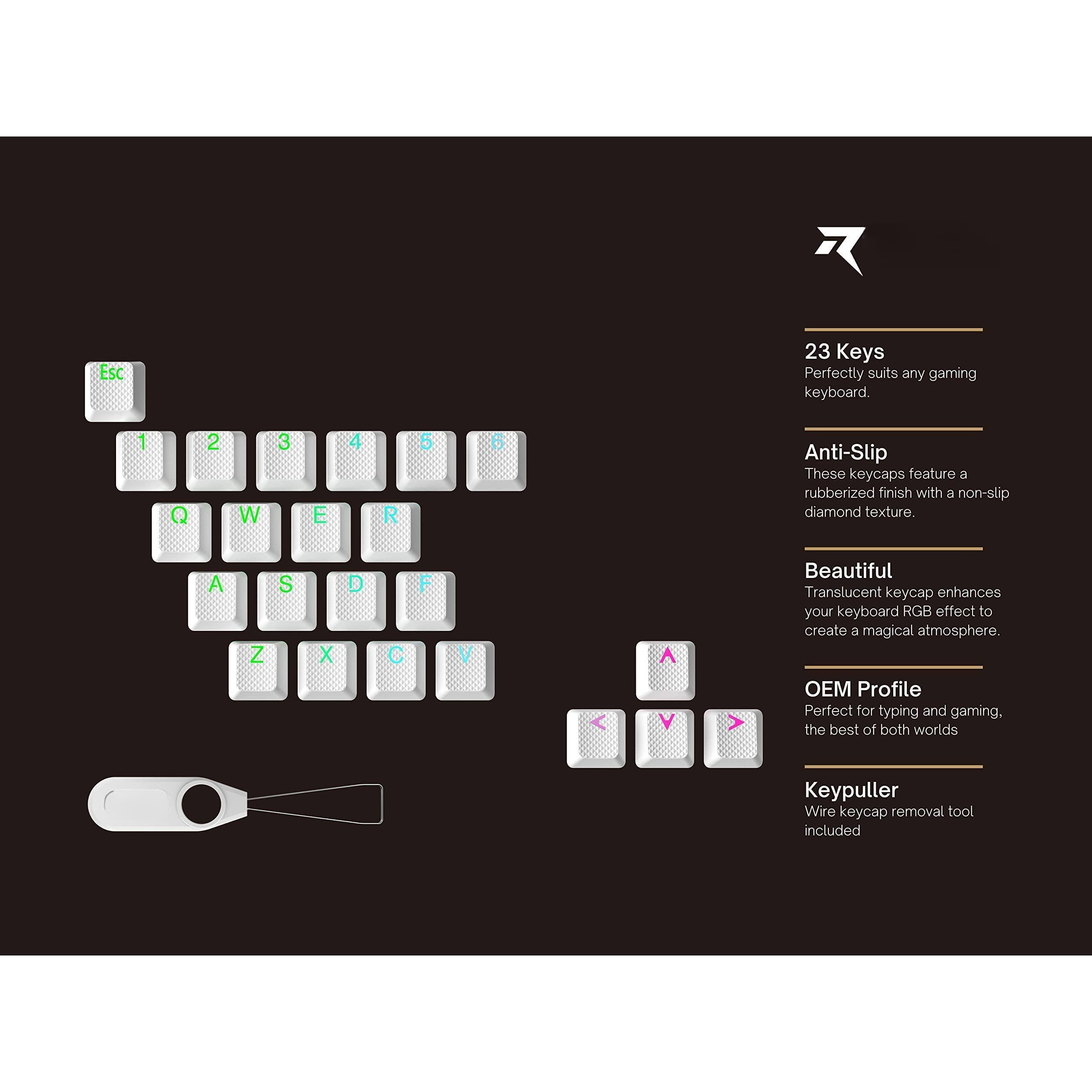 23 Keys  
Perfectly suits any gaming keyboard.

Anti-Slip  
These keycaps feature a rubberized finish with a non-slip diamond texture.

Beautiful  
Translucent keycap enhances your keyboard RGB effect to create a magical atmosphere.

OEM Profile  
Perfect for typing and gaming, the best of both worlds.

Keypuller  
Wire keycap removal tool included
