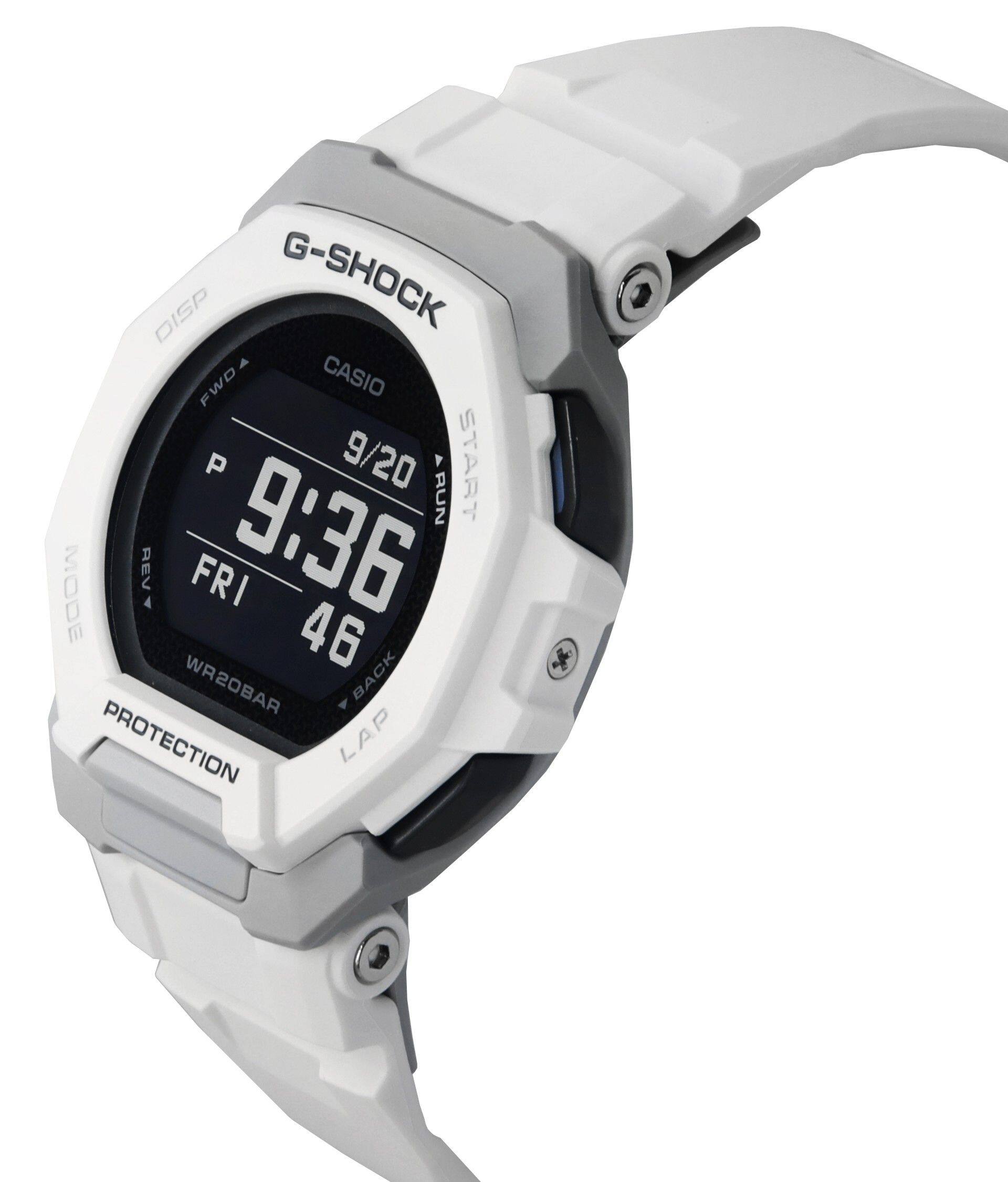 DISP G-SHOCK FWD CASIO P 9/20 Y START RUN MODE REV FRI 9:36 46 WR20BAR BACK 4 PROTECTION LAP