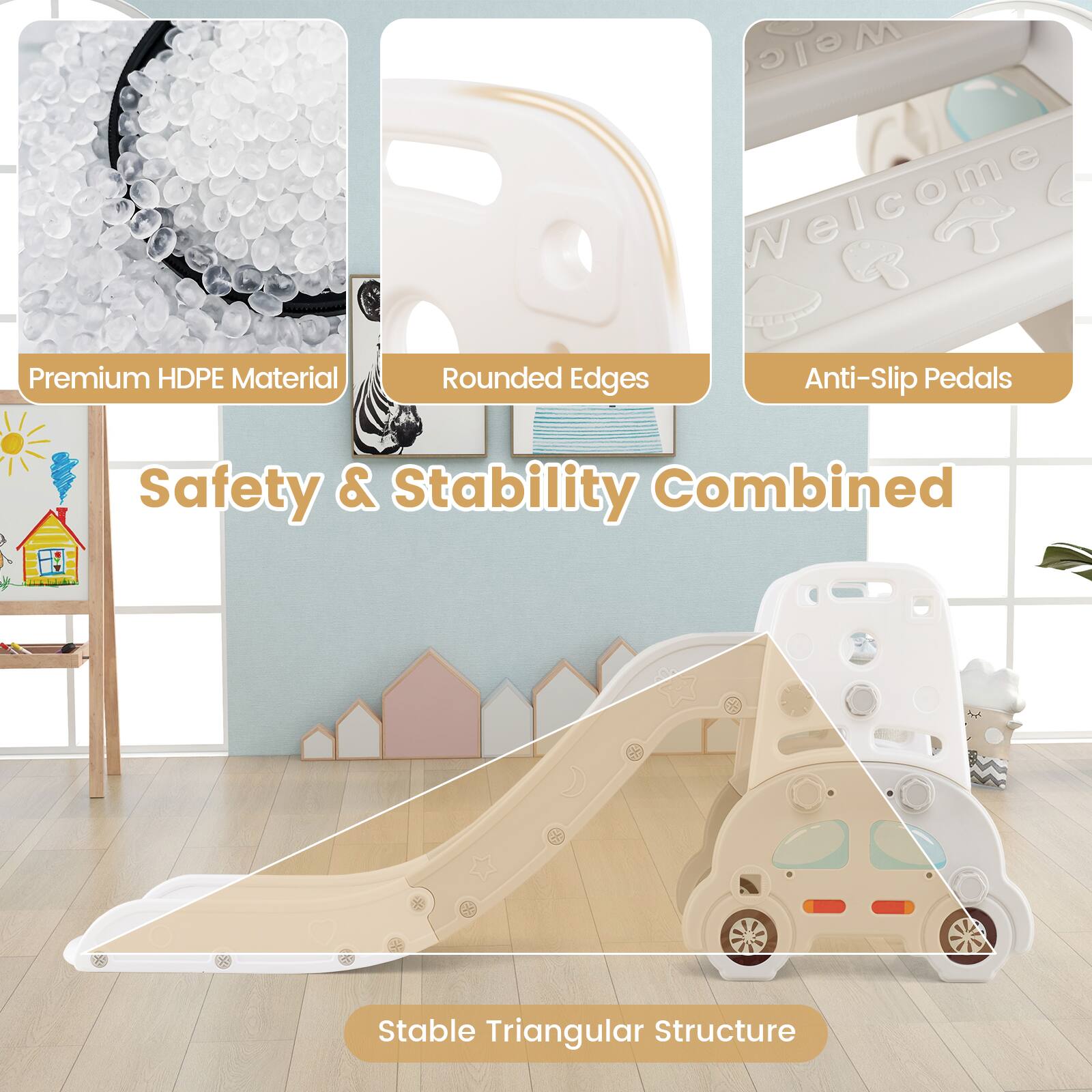 - Premium HDPE Material
- Rounded Edges
- Anti-Slip Pedals
- Safety & Stability Combined
- Stable Triangular Structure