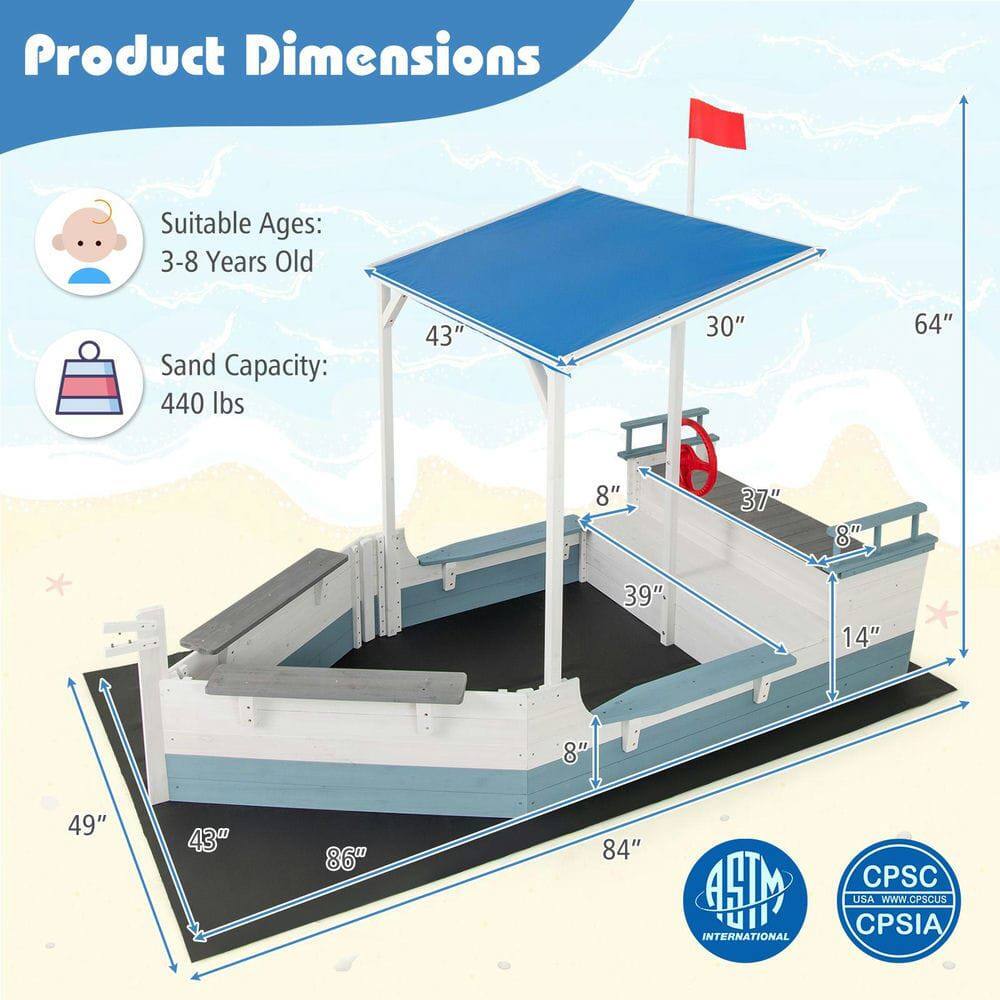 Product Dimensions

Suitable Ages: 3-8 Years Old

Sand Capacity: 440 lbs

43" 30" 64" 8" 37" 8" 39" 14" 8" 49" 43" 86" 84"

AHM INTERNATIONAL

CPSC USA www.CPSCUS CPSIA