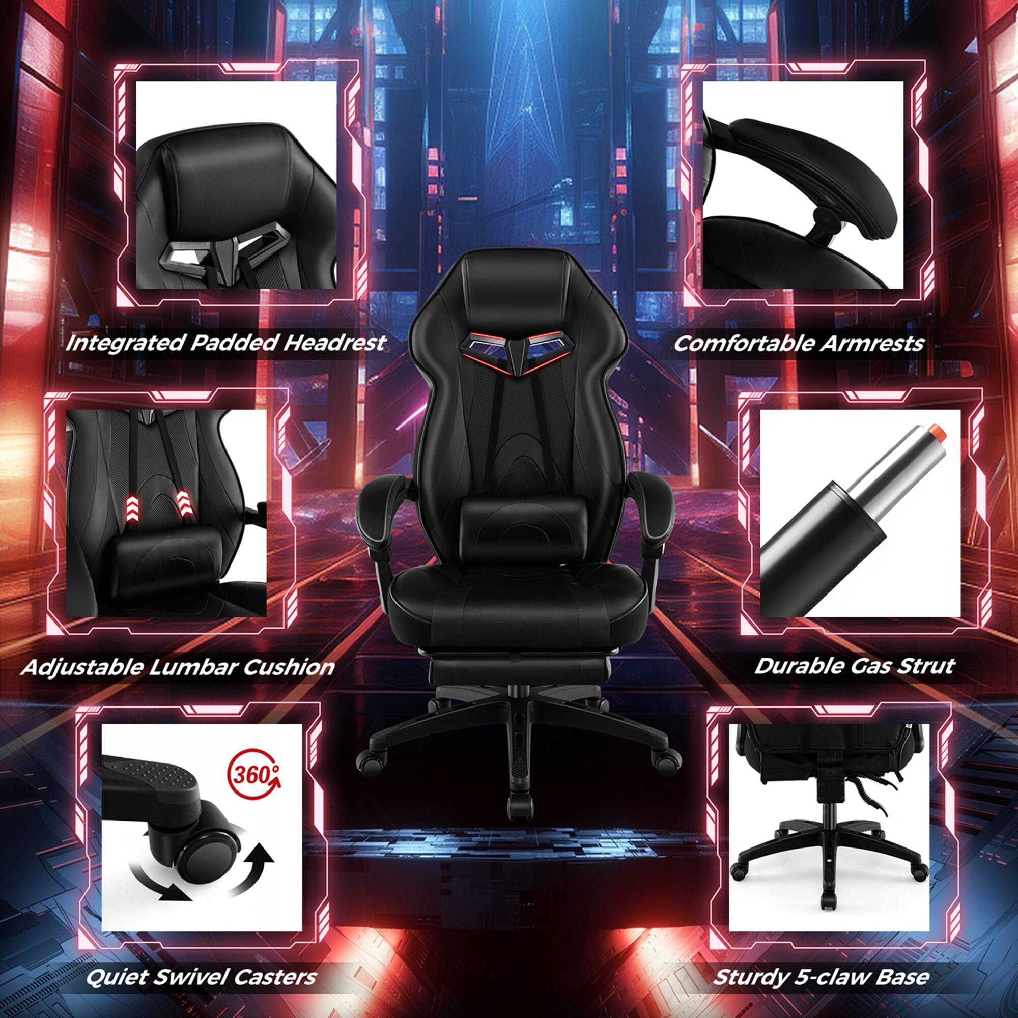 Integrated Padded Headrest, Comfortable Armrests, Adjustable Lumbar Cushion, Durable Gas Strut, 360 Quiet Swivel Casters, Sturdy 5-claw Base.