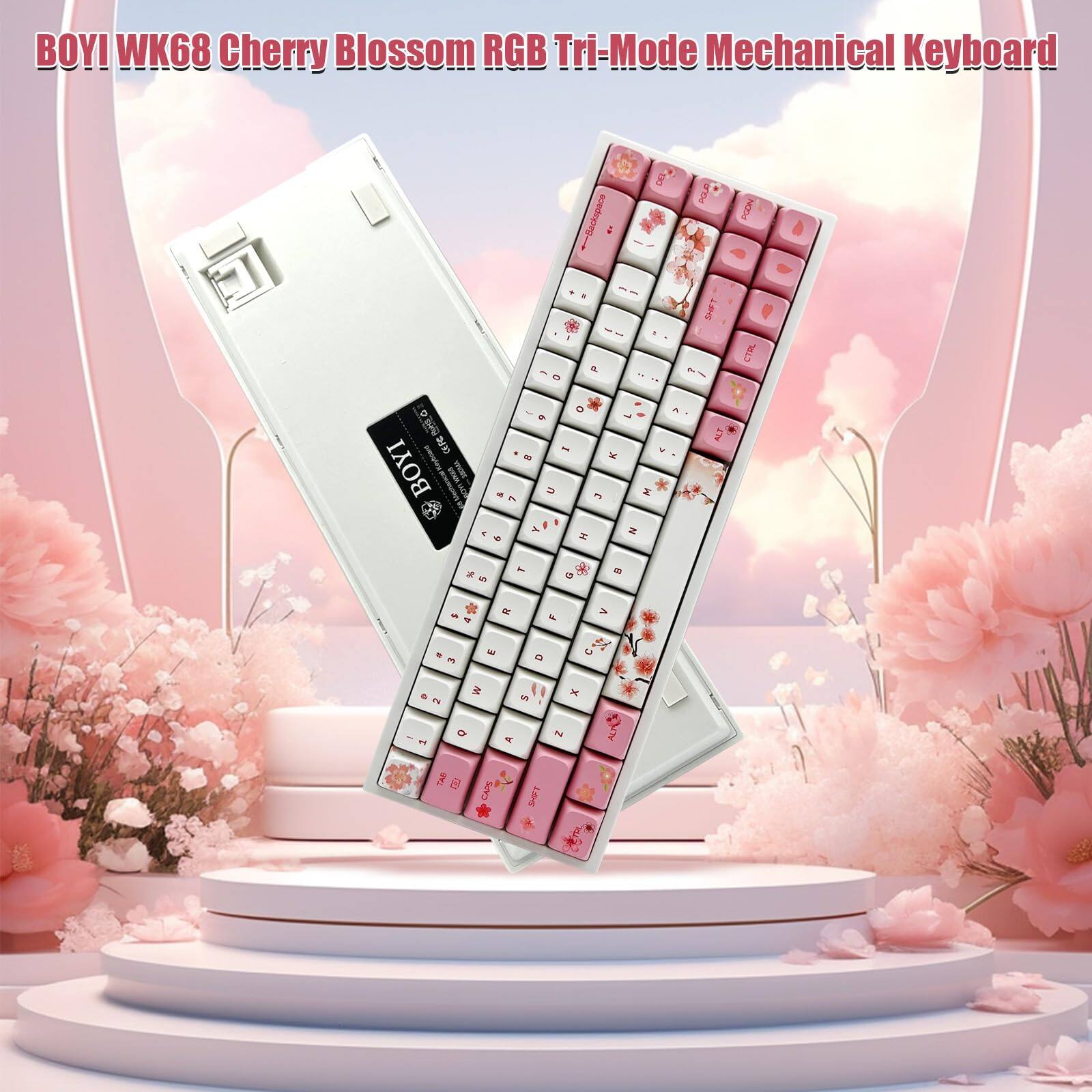 BOYI WK68 Cherry Blossom RGB Tri-Mode Mechanical Keyboard

- Backspace
- Shift
- Ctrl
- Seto
- 1
- 2
- 3
- 4
- A
- D
- G
- R
- U
- I
- O
- P
- L
- K
- J
- H
- N
- M
- 0
- 9
- 8
- 7
- 6
- 5
- 4
- 3
- 2
- 1
- Q
- W
- E
- R
- T
- Y
- U
- I
- O
- P
- A
- S
- D
- F
- G
- H
- J
- K
- L
- Z
- X
- C
- V
- B
- N
- M
- Enter
- Space
- Esc
- Fn
- Del
- Ins
- Home
- End
- PgUp
- PgDn
- Caps Lock
- Shift
- Ctrl
- Alt
- Fn
-