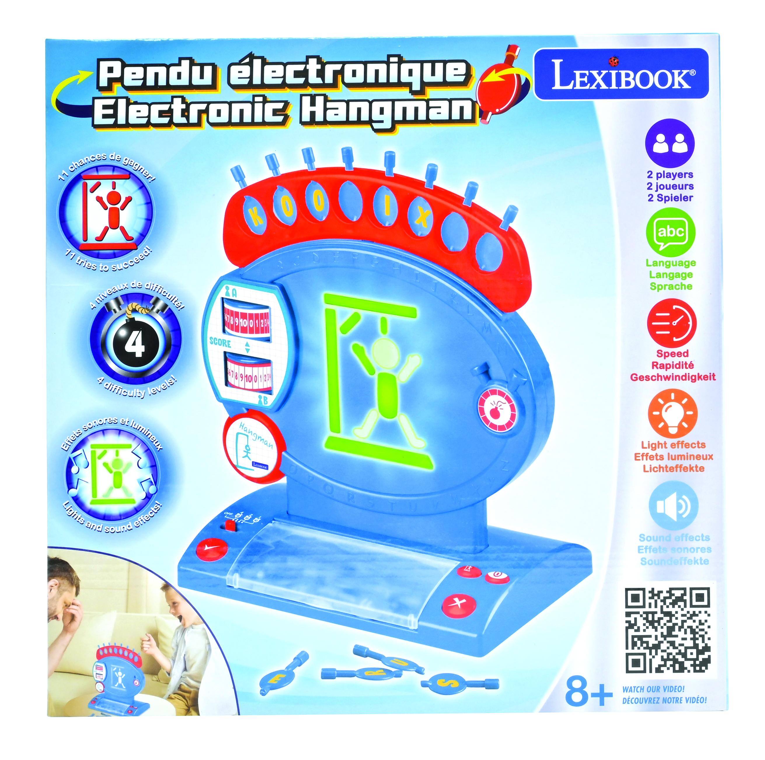 Pendu électronique  
Electronic Hangman  

- 2 players  
- 2 joueurs  
- 2 Spieler  

- Language  
- Langage  
- Sprache  

- Speed  
- Rapidité  
- Geschwindigkeit  

- Difficulty level  
- Niveau de difficulté  
- Schwierigkeitsstufe  

- Light effects  
- Effets lumineux  
- Lichteffekte  

- Sound effects  
- Effets sonores  
- Soundeffekte  

- 8+  

- WATCH OUR VIDEO!  
- DÉCOUVREZ NOTRE VIDÉO!