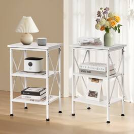 Vecelo - Set of 2 Nightstand with 3-Tier Open Shelves - X-Shape Metal Frame Bedside Table, Small End Table - White