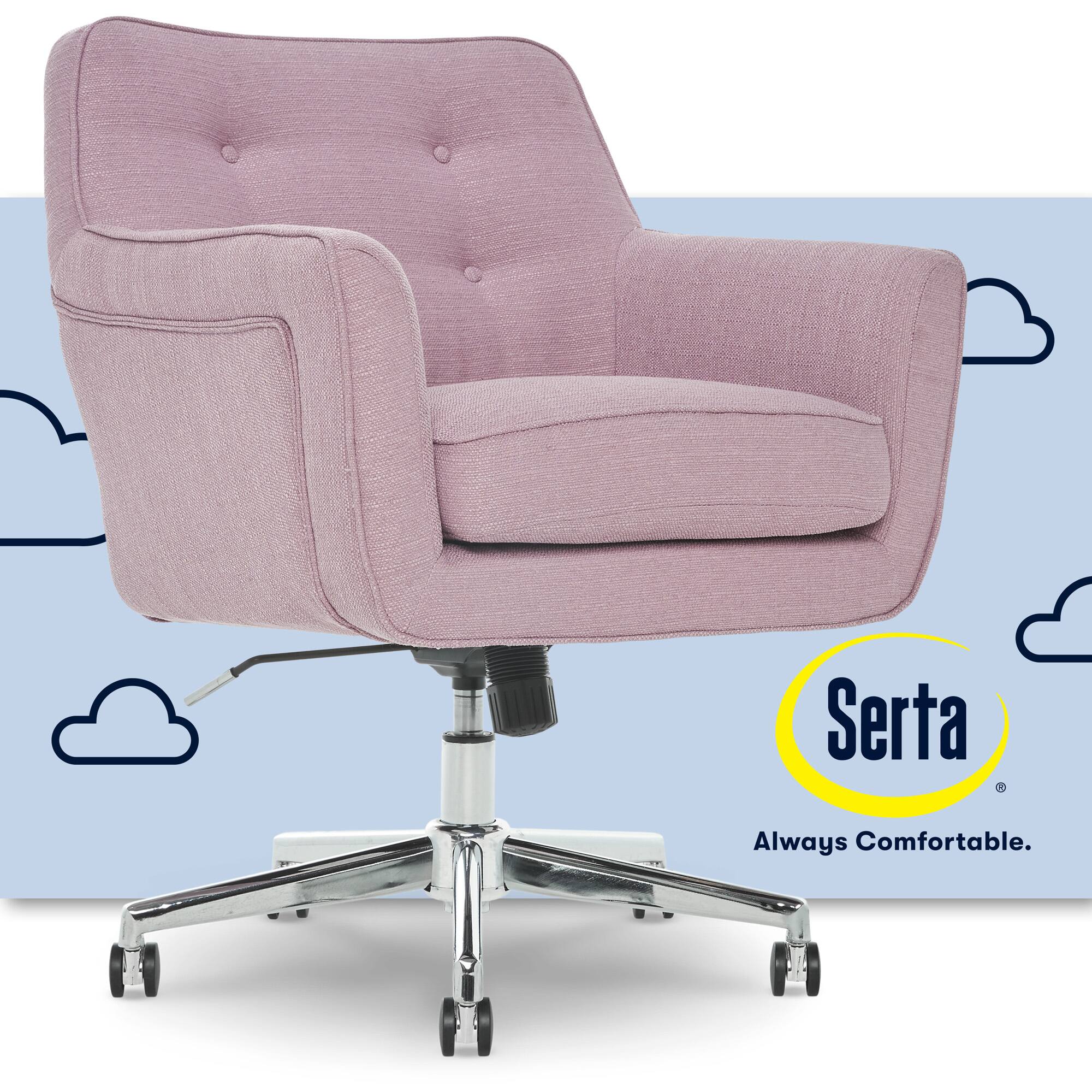 The image features a large purple chair with a cloudy blue background. The chair is placed on a white metal desk, and the Serta logo is displayed in the background. The chair is described as "always comfortable," which is a key feature of Serta products.