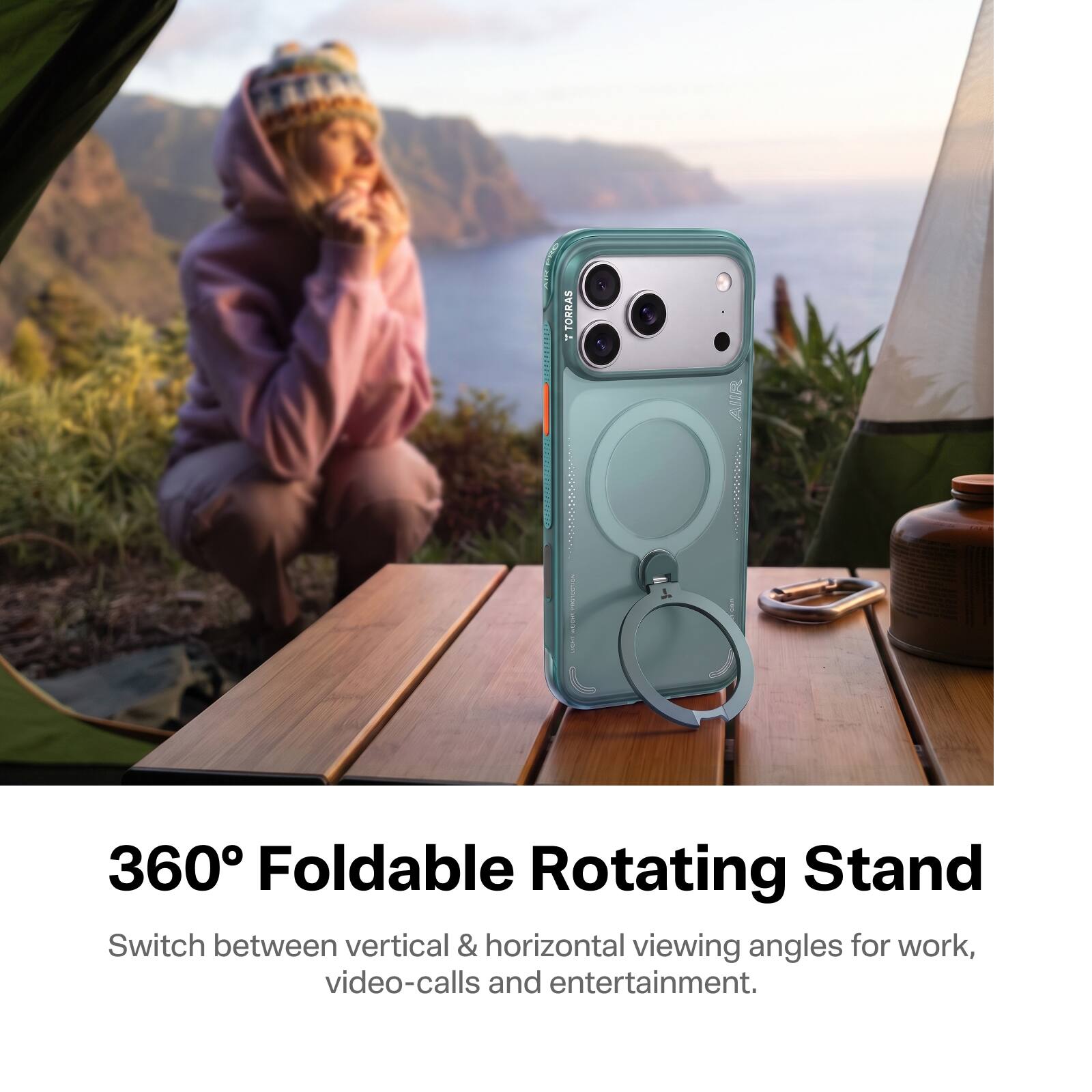 OUT MARKERTE  
TORRAS  
AIIR  
CONTECTION  

360° Foldable Rotating Stand  
Switch between vertical & horizontal viewing angles for work, video-calls and entertainment.