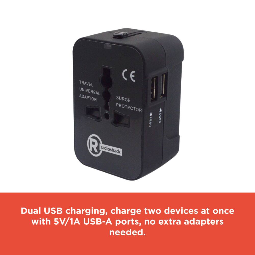 TRAVEL UNIVERSAL ADAPTOR SURGE PROTECTOR

Dual USB charging, charge two devices at once with 5V/1A USB-A ports, no extra adapters needed.