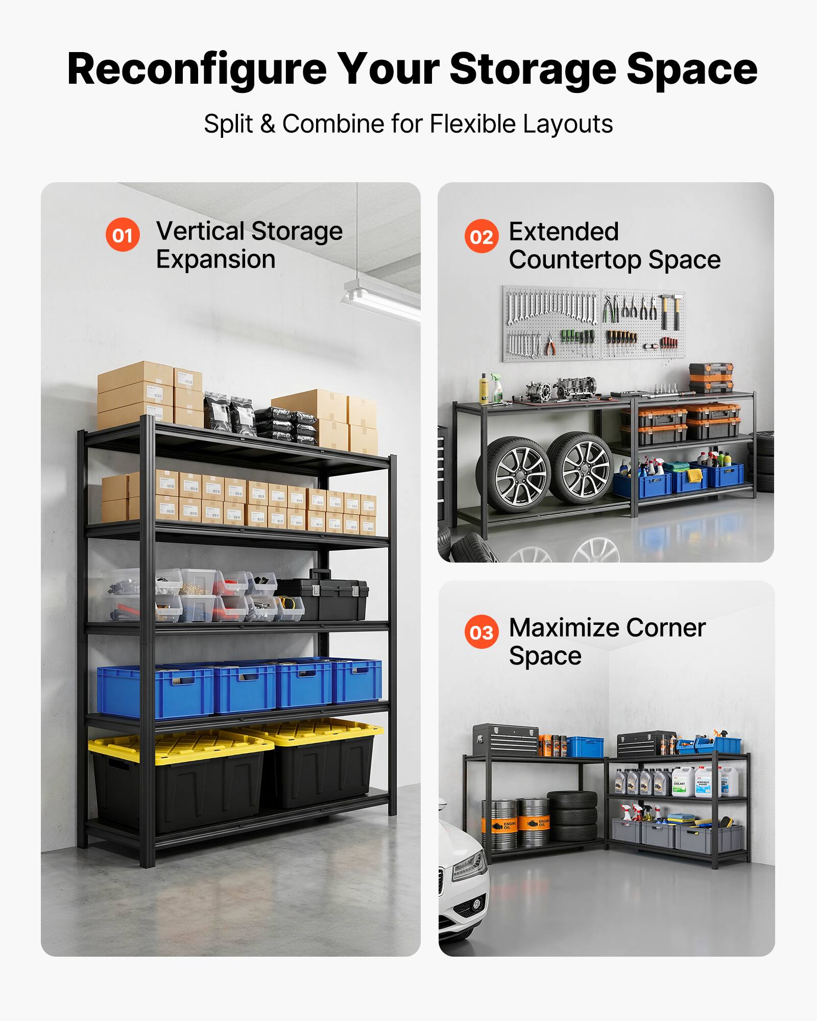 Reconfigure Your Storage Space  
Split & Combine for Flexible Layouts  

01 Vertical Storage Expansion  
02 Extended Countertop Space  
03 Maximize Corner Space