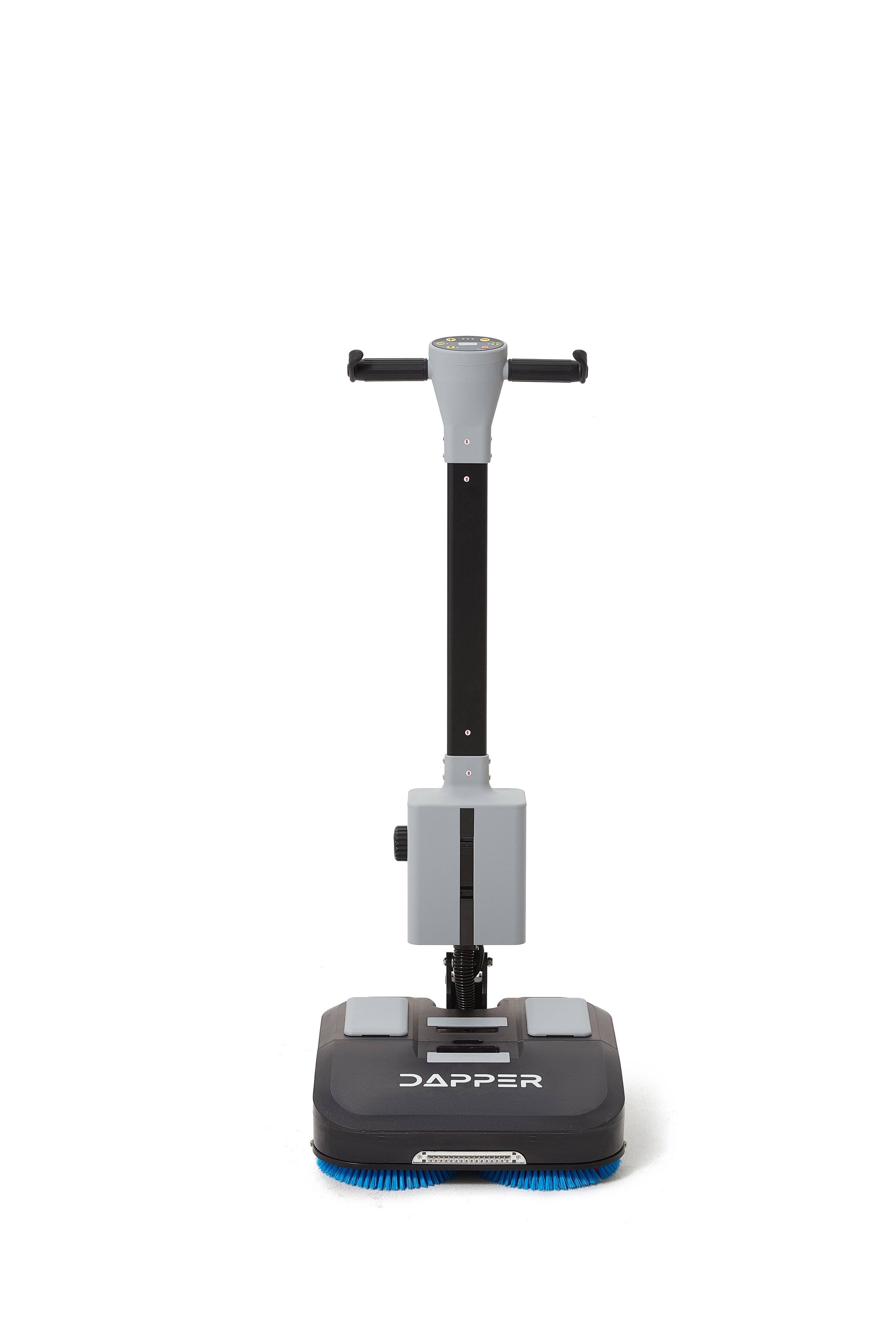 Angle. Dapper Supply - Battery Powered Walk Behind Mini Floor Scrubber Compact Portable 16 Inch 1.5 Hour Runtime 3 Speed Brush Offices Retail - Grey.