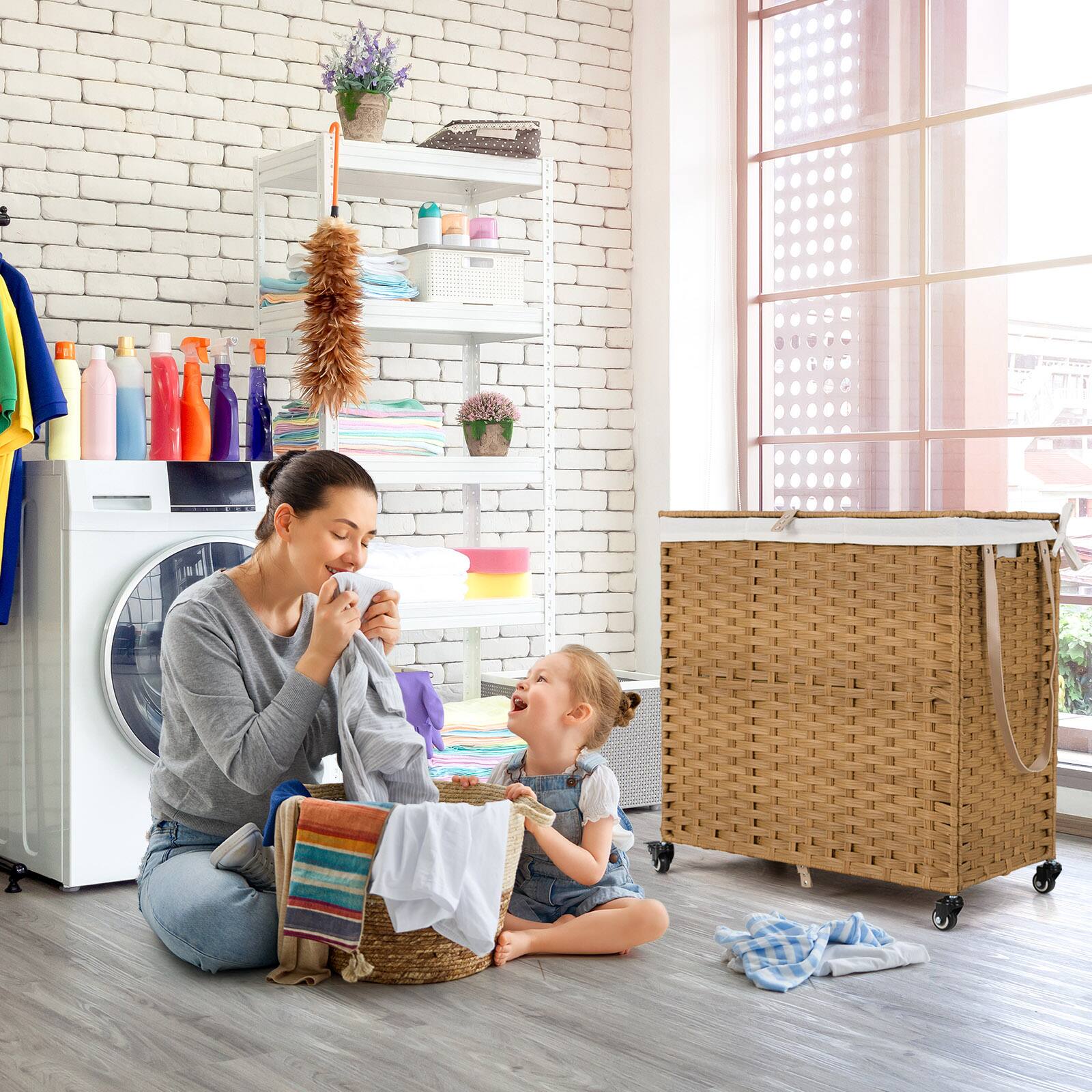 Alt View 3. Costway - Costway Laundry Hamper w/Wheels & Lid, 125L 3-Section Clothes Hamper w/2 Liner Bags - Natural.
