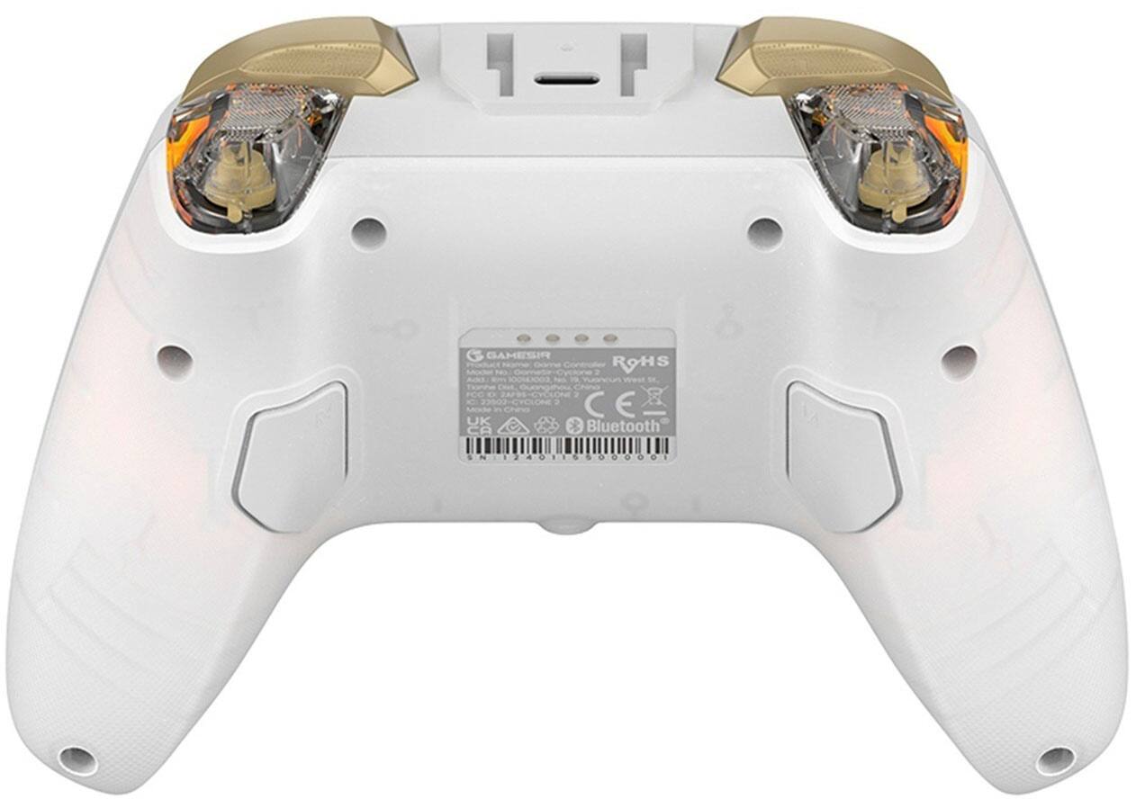 The text on the image reads: "GAMESIR PoAs notio_scribe Gonne Controler ROHS S Mocer Neo Corneta Cyctone 2 Ackt 100MO hes P Hocur Wwar nohioacribe Quongrou Chin FCC ... E-CYCLONE . K 00-CYCLONE 2 C E Morhe a Chia UK CA Bluetooth 8 & N - - a a a 1 1 S 5 o a O O O i A."