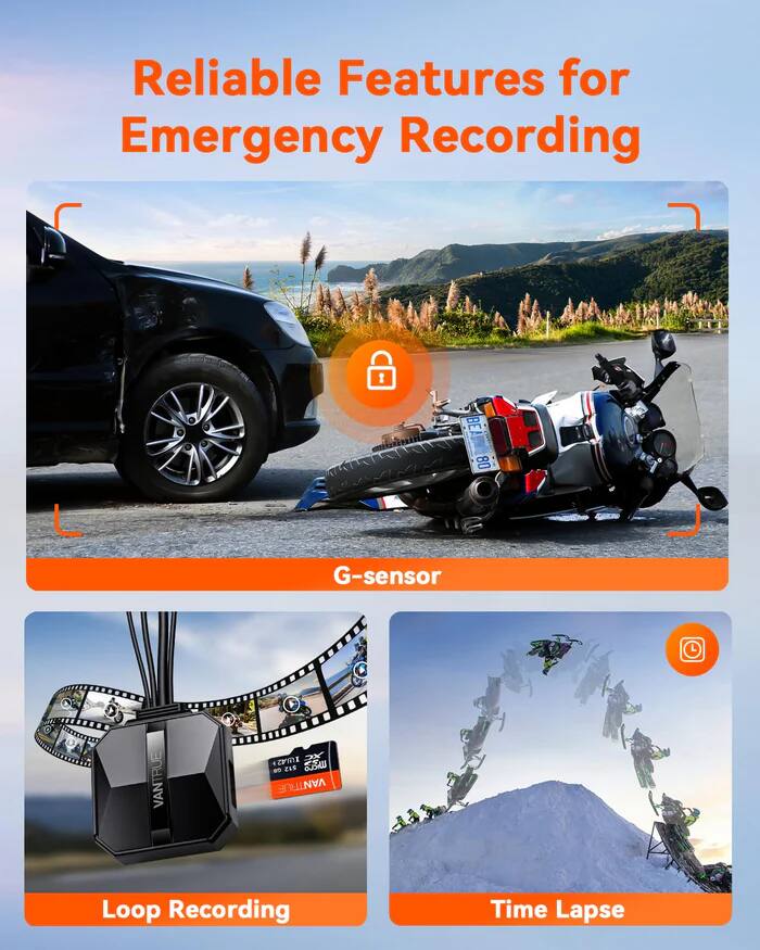 Reliable Features for Emergency Recording

- G-sensor
- Loop Recording
- Time Lapse