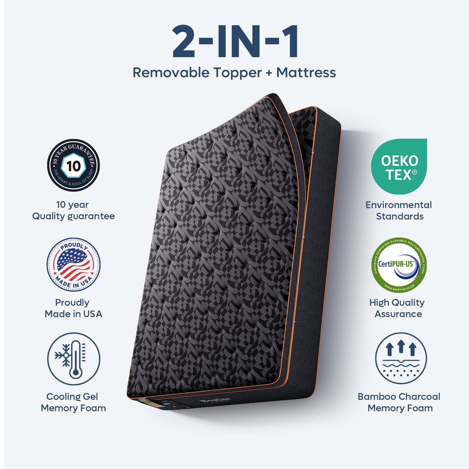 2-IN-1 Removable Topper + Mattress: 10-Year Quality Guarantee, Proudly Made in USA, Environmental Standards, CertiPUR-US, High Quality Assurance, Cooling Gel Memory Foam, Bamboo Charcoal Memory Foam.