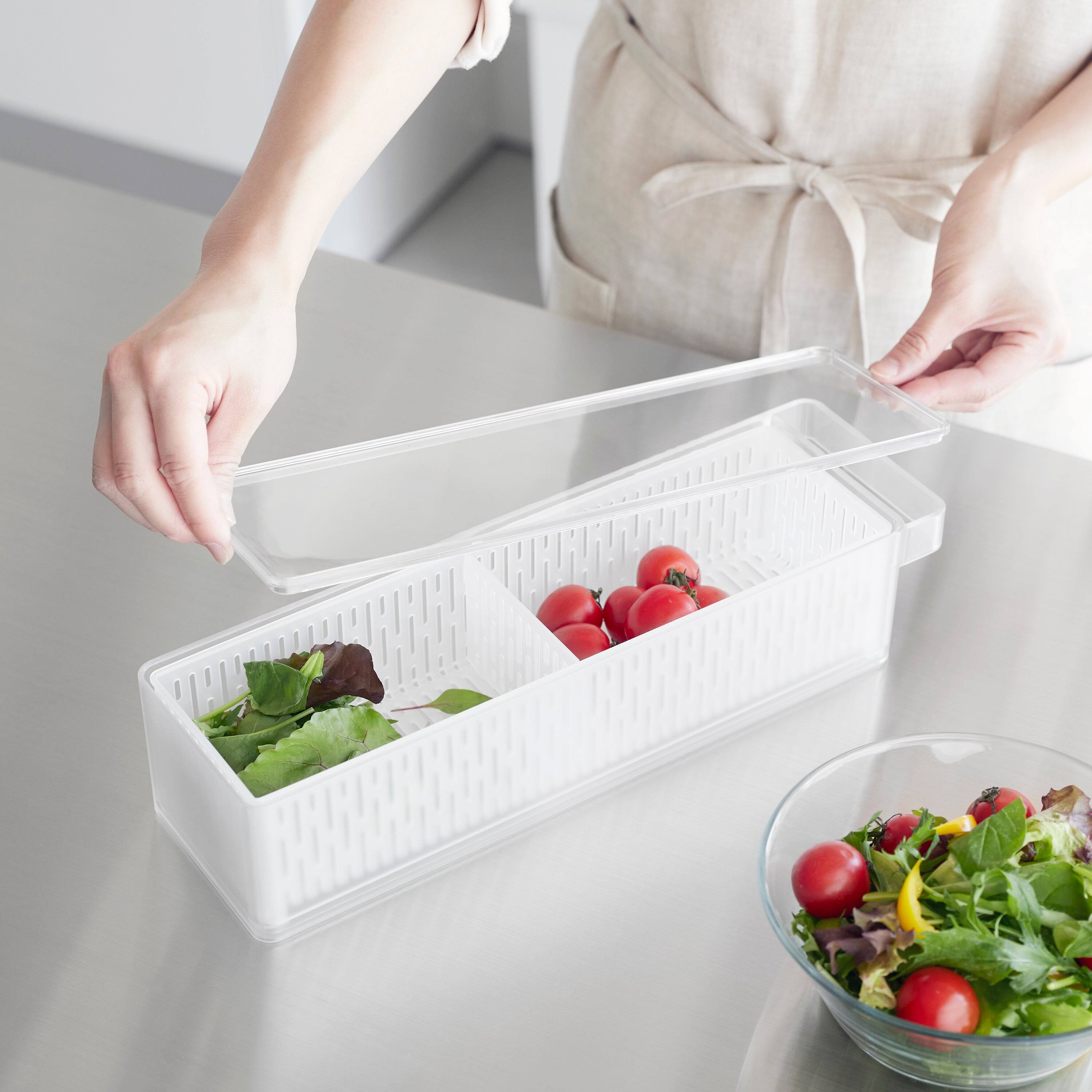 Angle. Yamazaki Home - Refrigerator Colander with Lid & Divider - Clear.