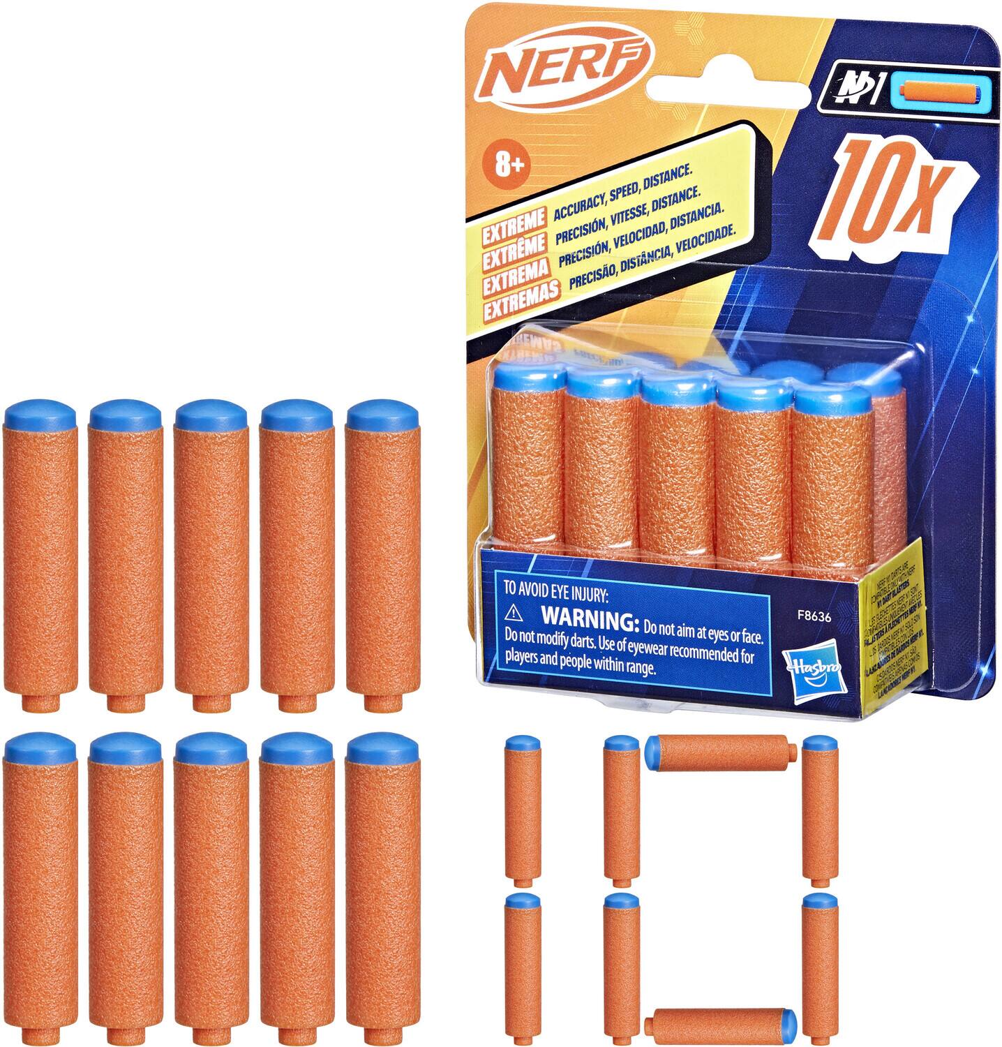 NERF 8+  
DISTANCE. SPEED, DISTANCE. ACCURACY, VITESSE, DISTANCIA. EXTREME PRECISION, VELOCIDAD, VELOCIDADE. EXTREME PRECISION, DISTANCIA, EXTREMA PRECISO, EXTREMAS CAMIA I 1 10x  
TO AVOID EYE INJURY: A WARNING: Do not aim at eyes or face. Do not modify darts. Use of eyewear recommended for players and people within range.  
F8636 Hasbro 2 WFT - A F