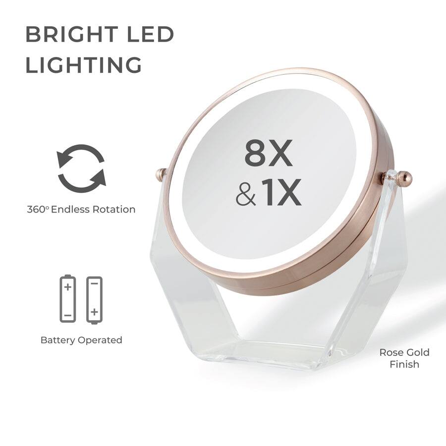 BRIGHT LED LIGHTING  
360° Endless Rotation  
8X & 1X  
Battery Operated  
Rose Gold Finish