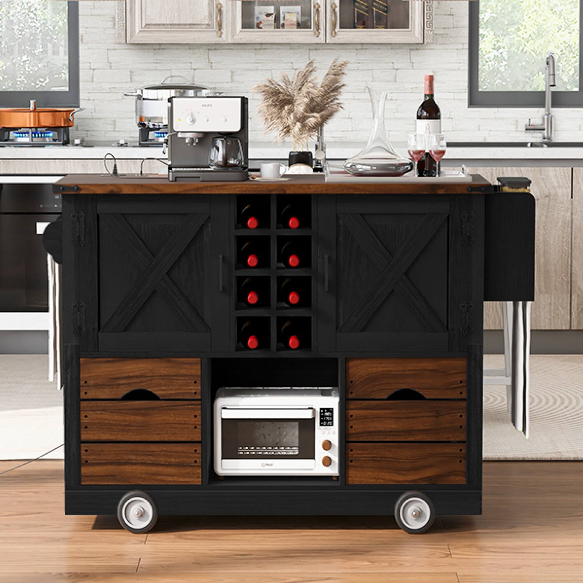 Alt View 5. ELEMENT ACE - Farmhouse Kitchen Island with Drop Leaf, Power Outlet, Storage Cart and Wheels - Black.