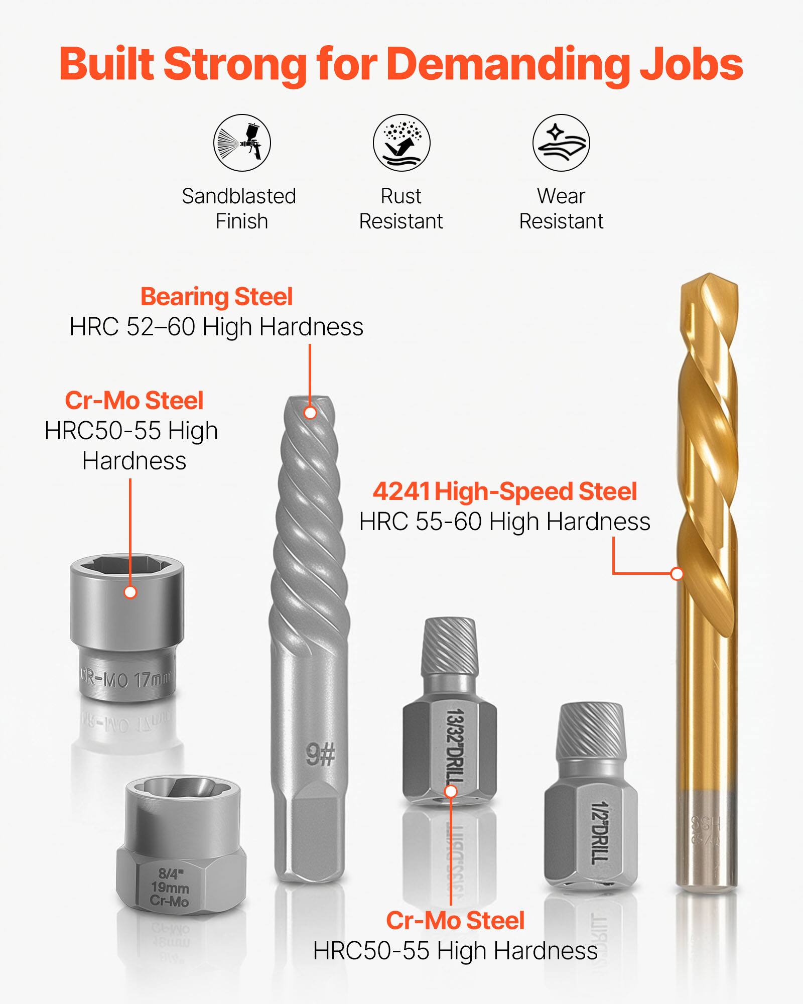 Built Strong for Demanding Jobs

- Sandblasted Finish
- Rust Resistant
- Wear Resistant

Bearing Steel
- HRC 52-60 High Hardness

Cr-Mo Steel
- HRC 50-55 High Hardness

4241 High-Speed Steel
- HRC 55-60 High Hardness

Cr-Mo Steel
- HRC 50-55 High Hardness

- 17mm
- 8/4" 19mm
- 13/32DRILL
- 43/22DPIL
- 1/2DRILL