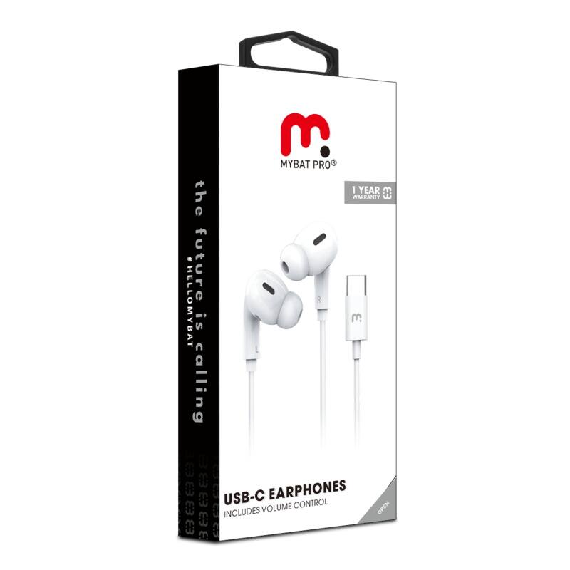 m MYBAT PRO 1 YEAR WARRANTY m the future is calling #HELLOMYBAT EARPHONES USB-C CONTROL INCLUDES VOLUME OPEN m