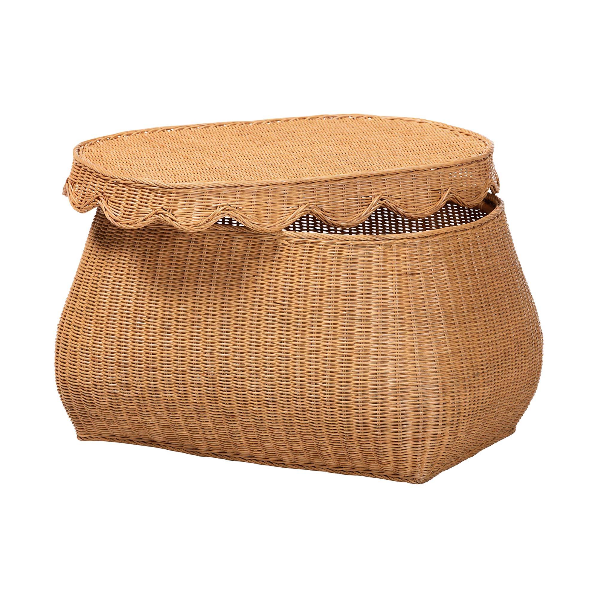 Angle. bali & pari - Ayleen Natural Rattan Basket with Scalloped Lid – Handwoven Wicker Storage Box, Boho Coastal Home Décor, Medium - Light Honey.