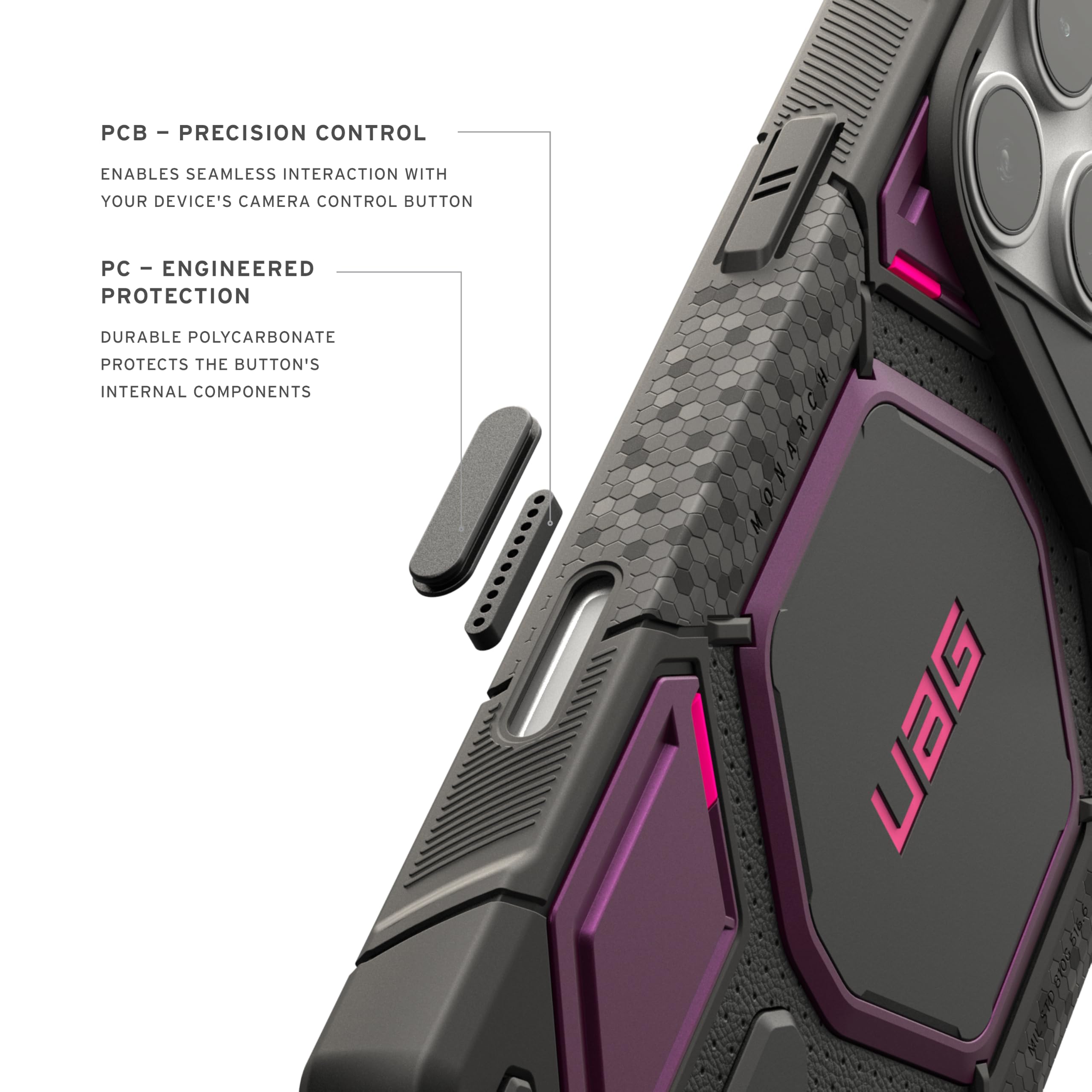 - PCB - PRECISION CONTROL
  ENABLES SEAMLESS INTERACTION WITH YOUR DEVICE'S CAMERA CONTROL BUTTON

- PC - ENGINEERED PROTECTION
  DURABLE POLYCARBONATE PROTECTS THE BUTTON'S INTERNAL COMPONENTS

- UBG