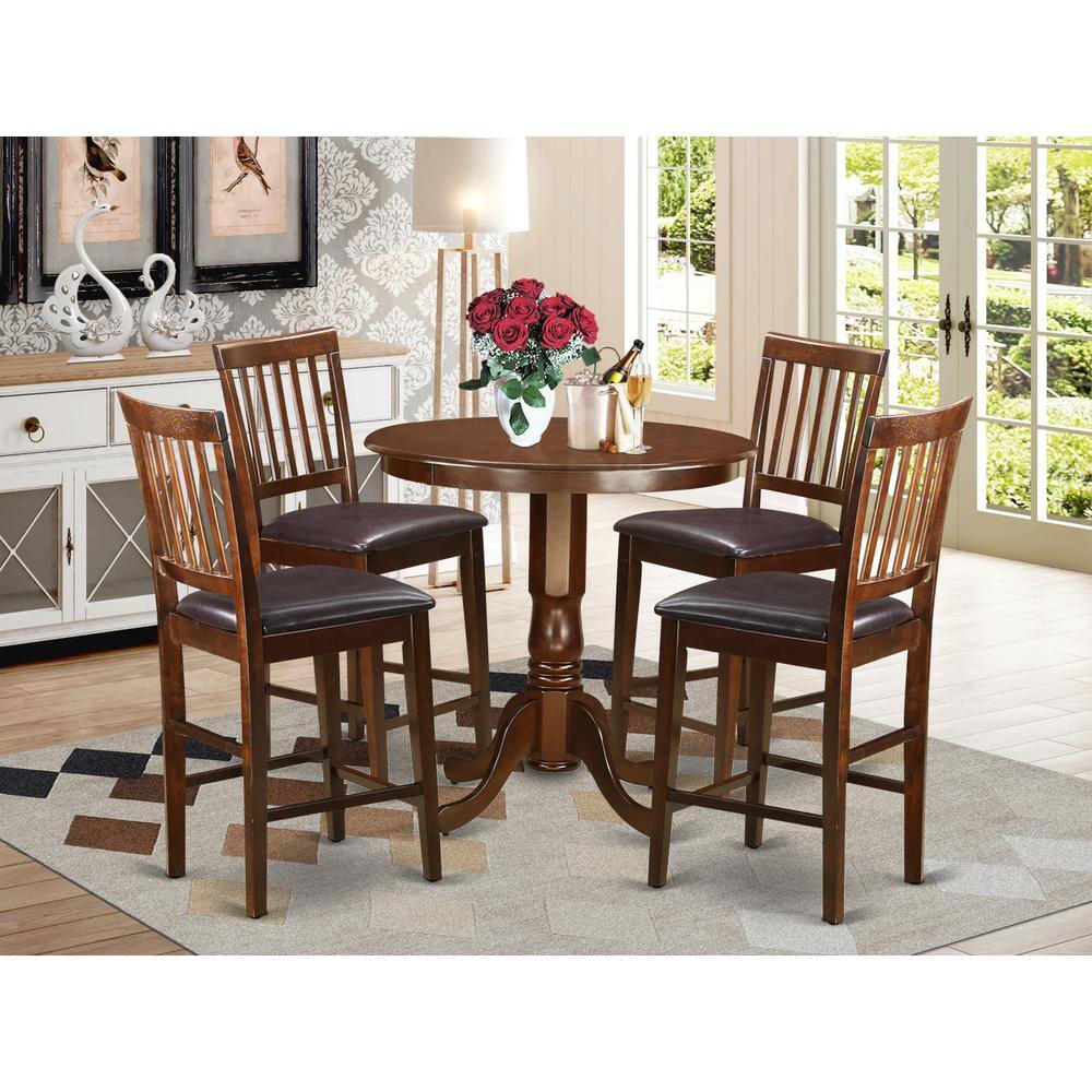 Back. East West Furniture - 5 Pc pub Table set - high Table and 4 bar stools with backs. - Mahogany.