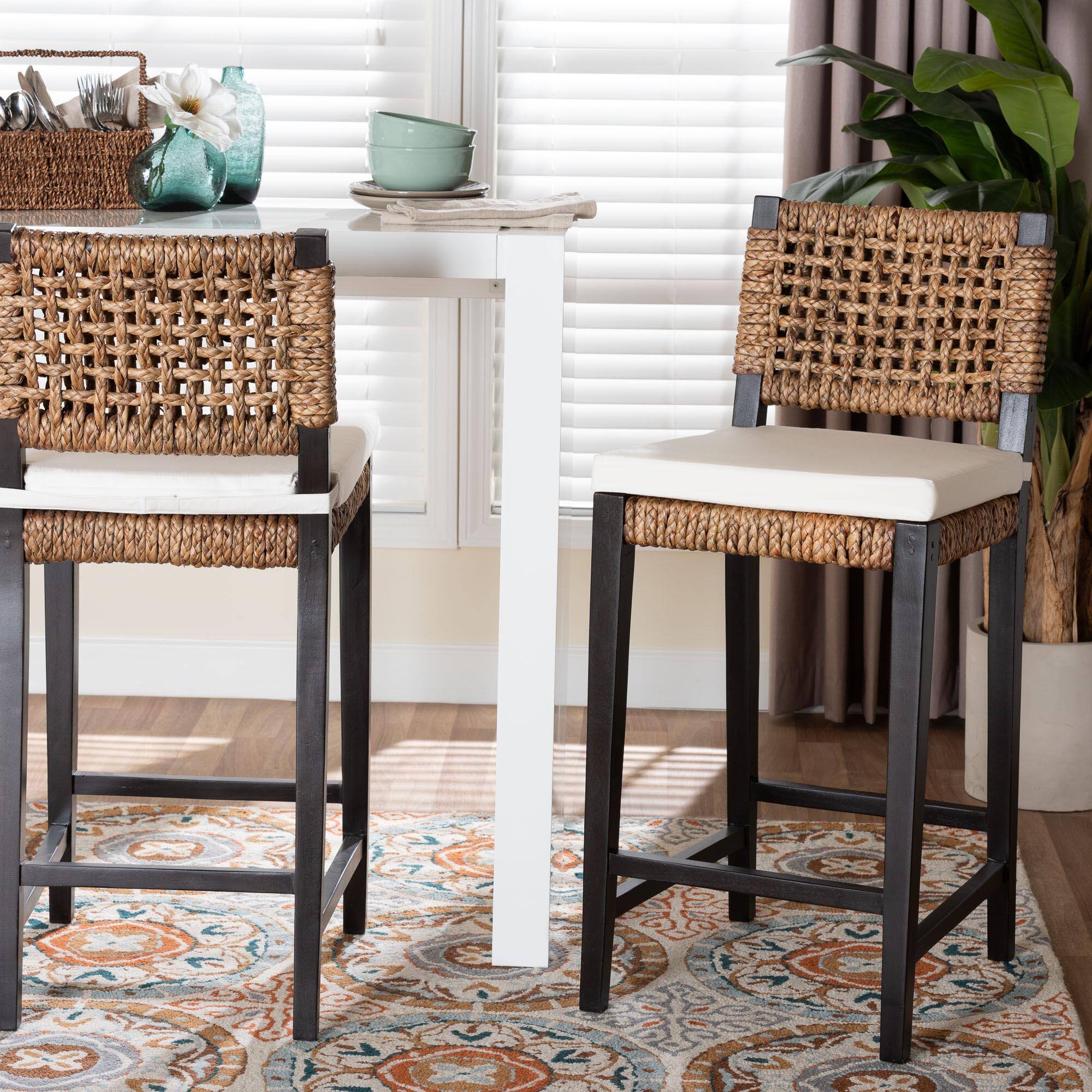 Alt View 4. bali & pari - Alise Handwoven Seagrass Bar Stool with Mahogany Wood Frame, Dark Brown - Natural Brown/Dark Brown.