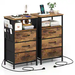 Costway - 2 PCS Nightstand with Charging Station, 3 Fabric Drawers, Open Shelf & Side Pocket - Brown 3 Drawers