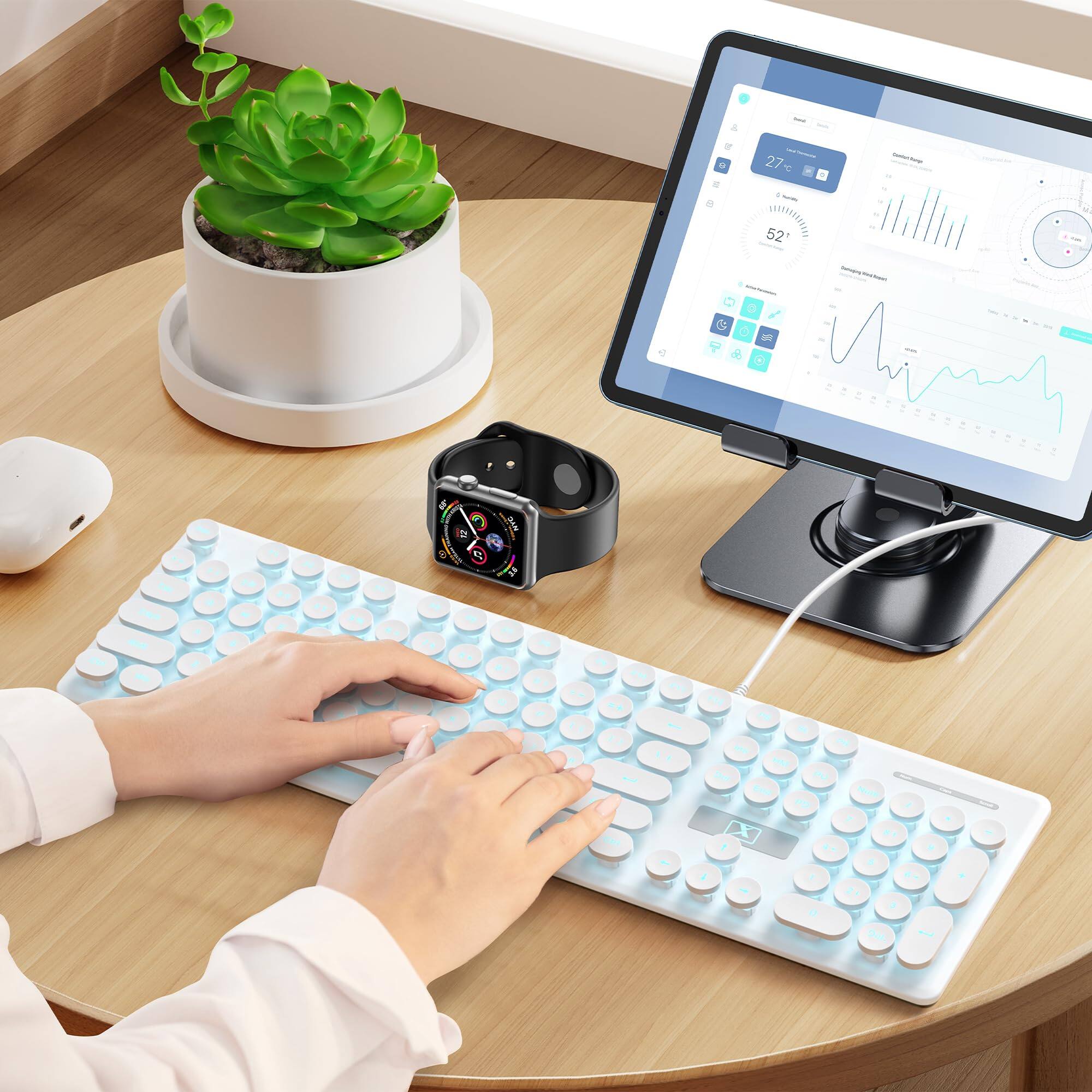 Alt View 2. VEGA AUTOMOTIVE - Cute Quiet Wired Typewriter Light Up Backlit Pc Keyboards With Retro Round Keys Full Size For Office Computer - Purple.