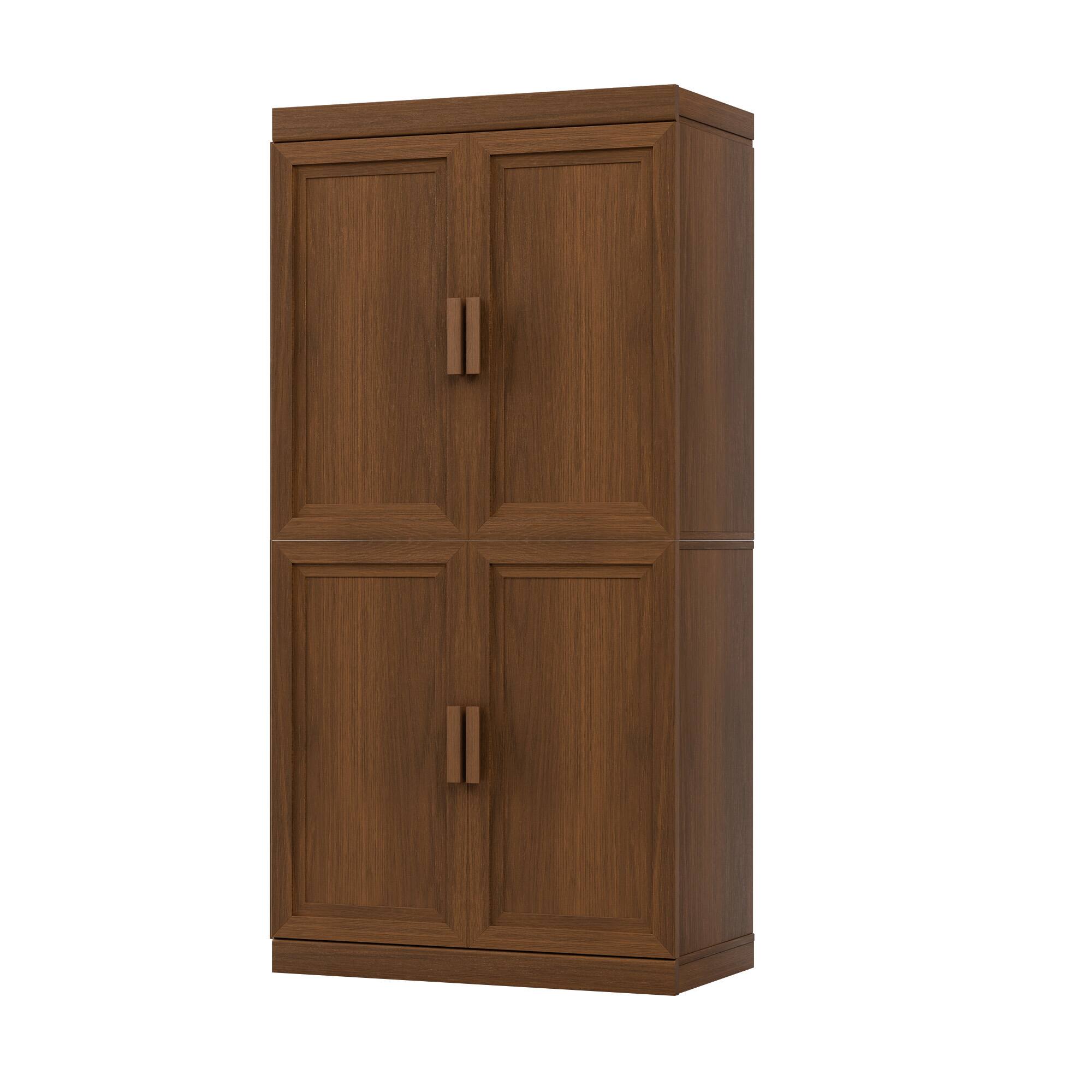 Angle. PexFix - 62" Kitchen Pantry Cabinet, Oak Freestanding Storage Cabinet with Doors and Adjustable Shelves for Dining Room - Light Walnut.
