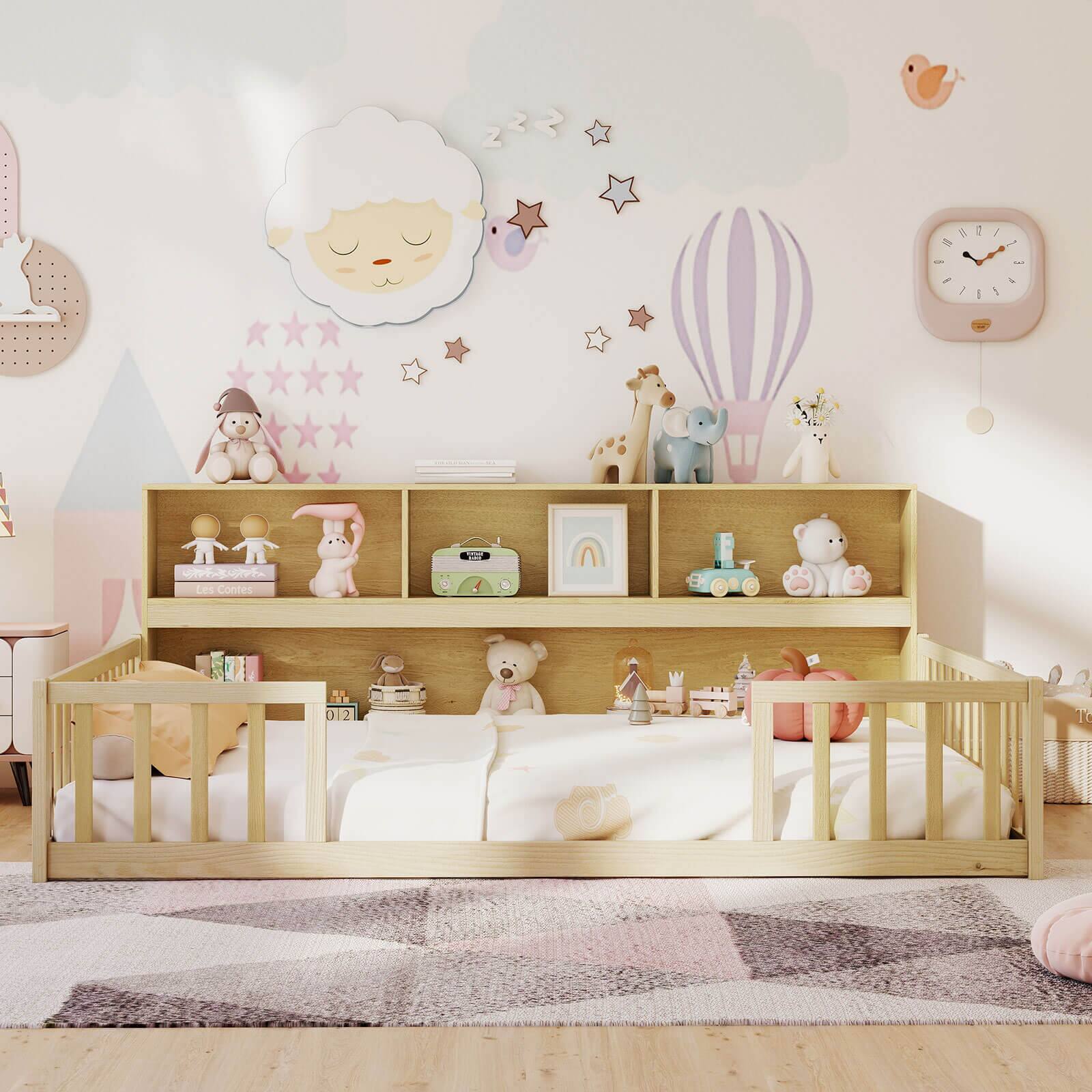 Alt View 3. Costway - Costway Full Size Montessori Floor Bed with Bookcase Storage Shelves & Safety Fence Rails - Natural.