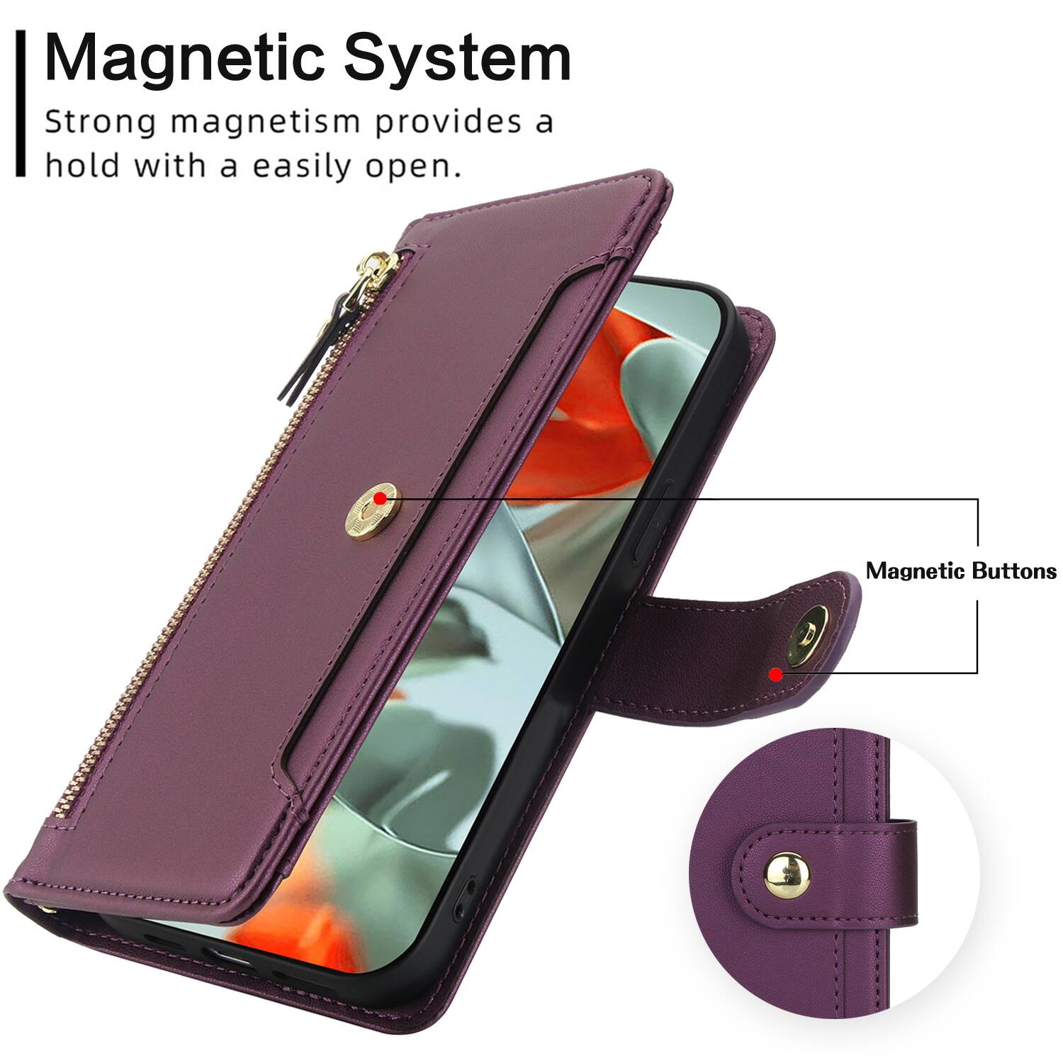 Magnetic System  
Strong magnetism provides a hold with a easily open.  
Magnetic Buttons