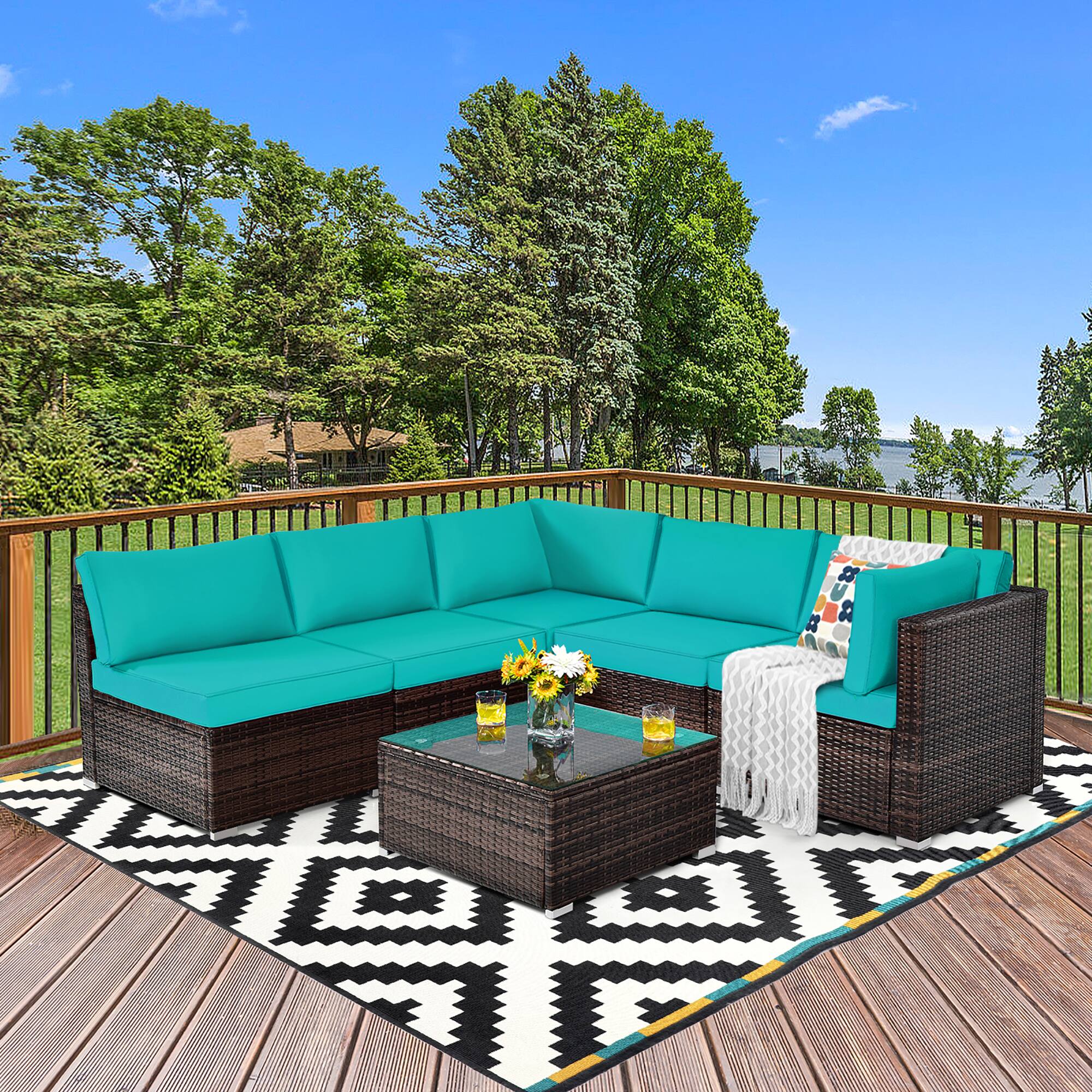 Alt View 3. Costway - 6PCS Patio Rattan Furniture Set Cushioned Sofa Coffee Table - Turquoise.