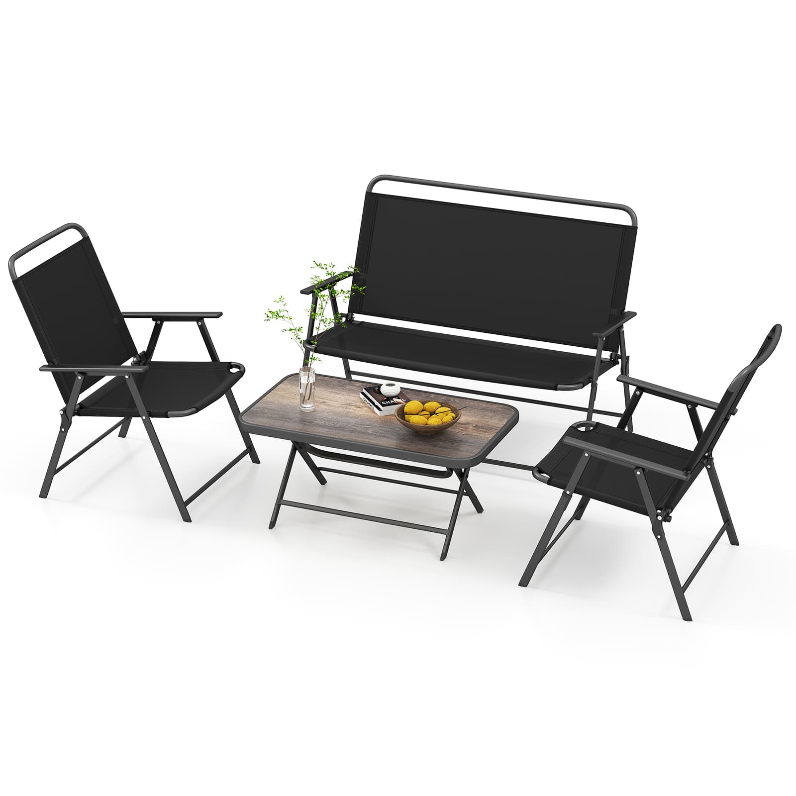 Gymax - 4 Piece Outdoor Conversation Set Metal Frame Outdoor Bistro Set w/ 2 Chairs - Black