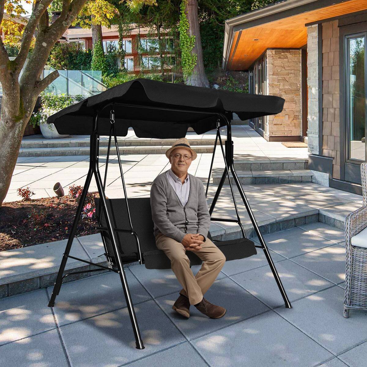 Alt View 4. Costway - Costway Loveseat Patio Canopy Swing Glider Hammock Cushioned Steel Frame Outdoor - Black.