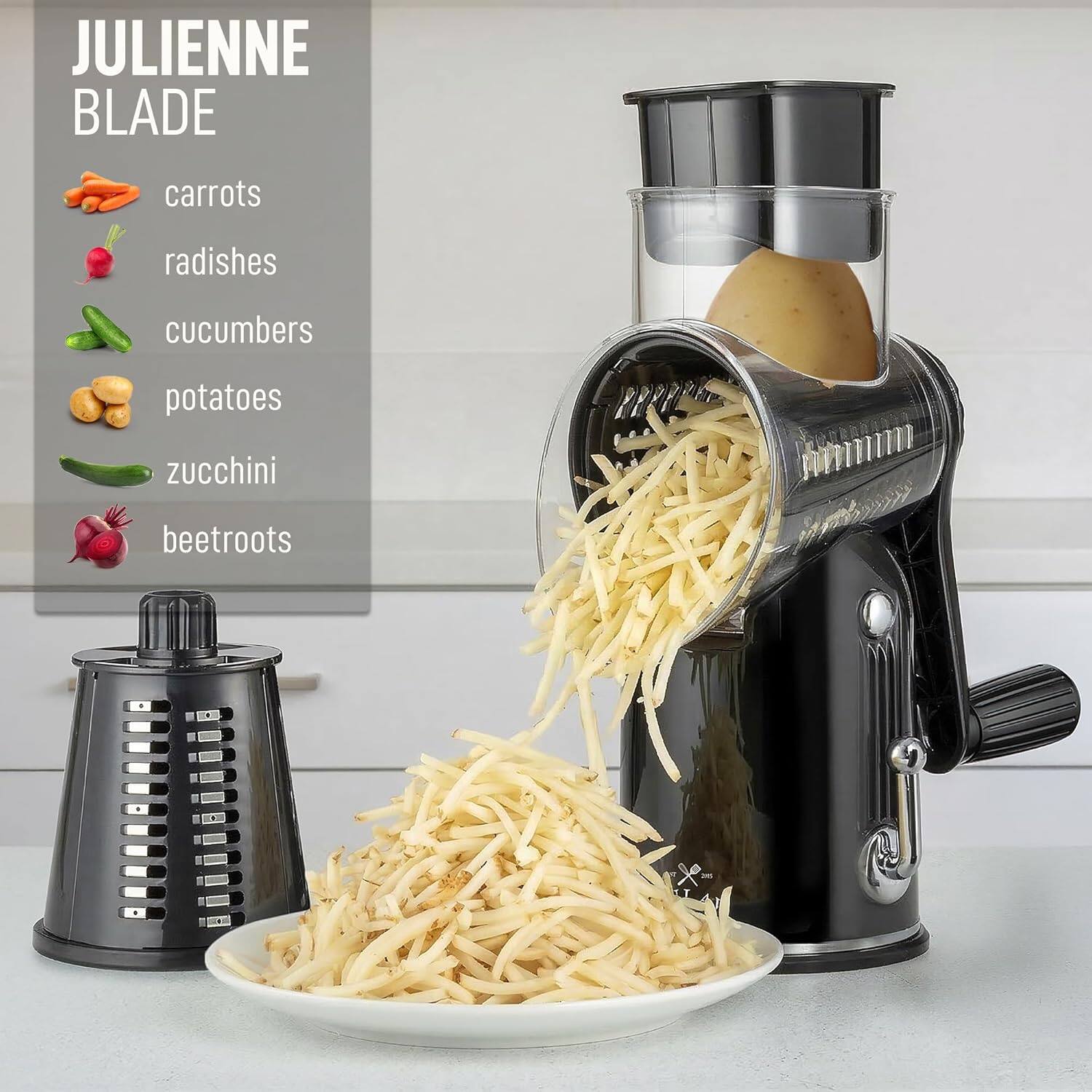 JULIENNE BLADE

- carrots
- radishes
- cucumbers
- potatoes
- zucchini
- beetroots