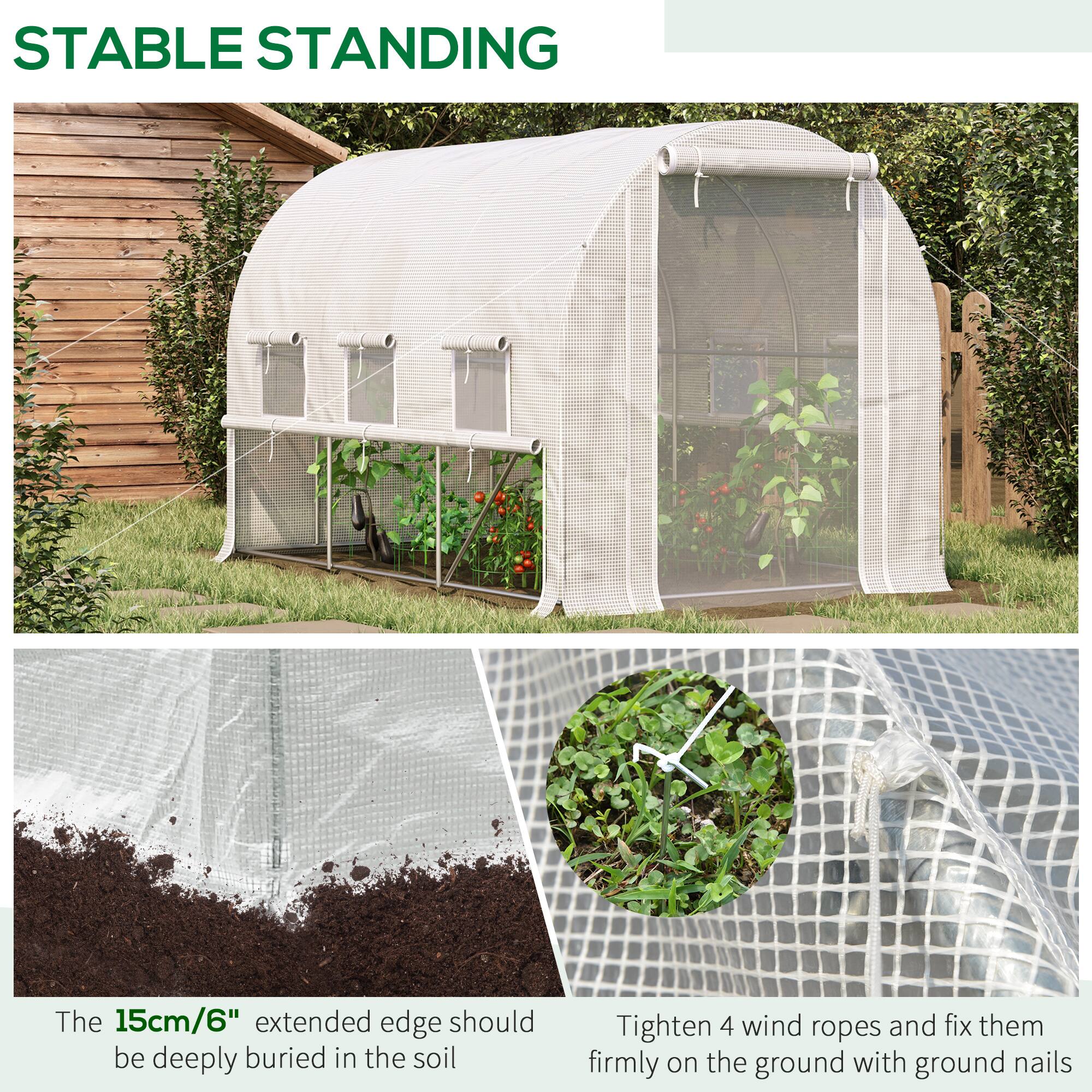 **STABLE STANDING**

- The 15cm/6" extended edge should be deeply buried in the soil
- Tighten 4 wind ropes and fix them firmly on the ground with ground nails