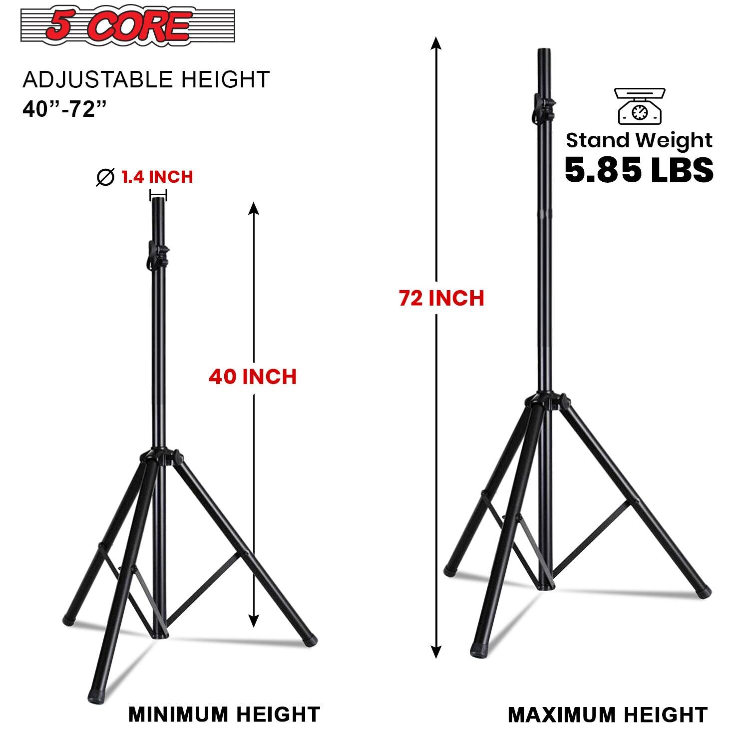 The corrected text is:

- 5 CORE ADJUSTABLE HEIGHT 40"-72"
- 1.4 INCH
- Stand Weight 5.85 LBS
- 72 INCH
- 40 INCH MINIMUM HEIGHT
- MAXIMUM HEIGHT