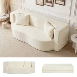 Gymax - 75.5'' Folding Sofa Bed w/2 Comfortable Pillows No Assembly Needed for Guest Room Beige - Beige