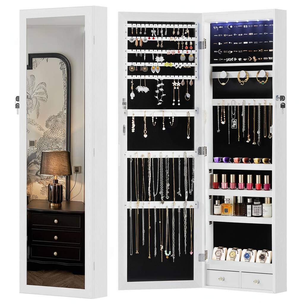 Front. AOITUN - 6 LEDs Mirror Jewelry Cabinet - Wall Mounted and Over Door Organizer with Lockable Storage - White.