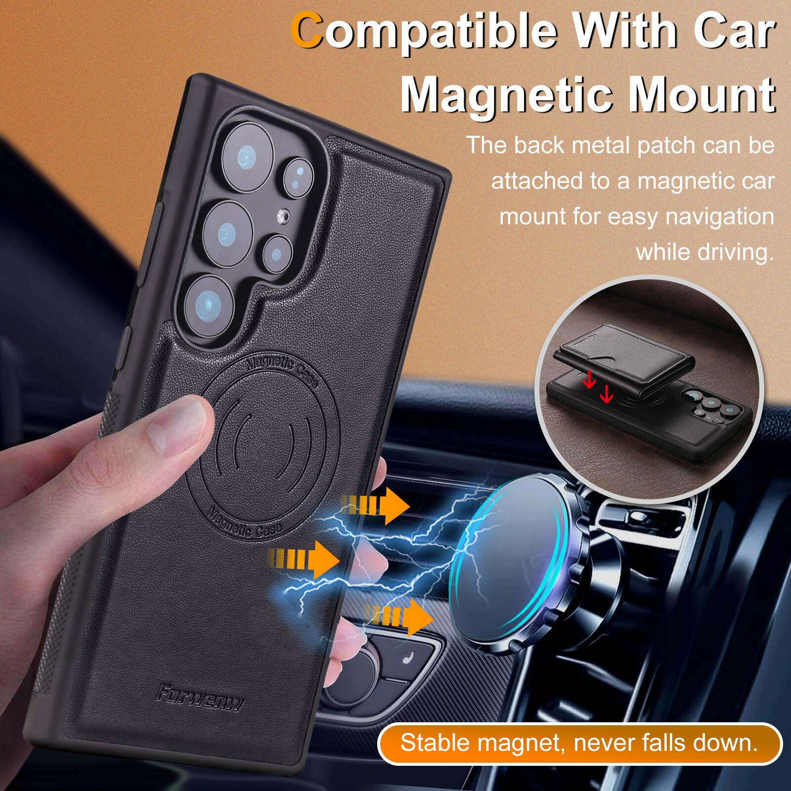 Compatible With Car Magnetic Mount

The back metal patch can be attached to a magnetic car mount for easy navigation while driving.

Stable magnet, never falls down.