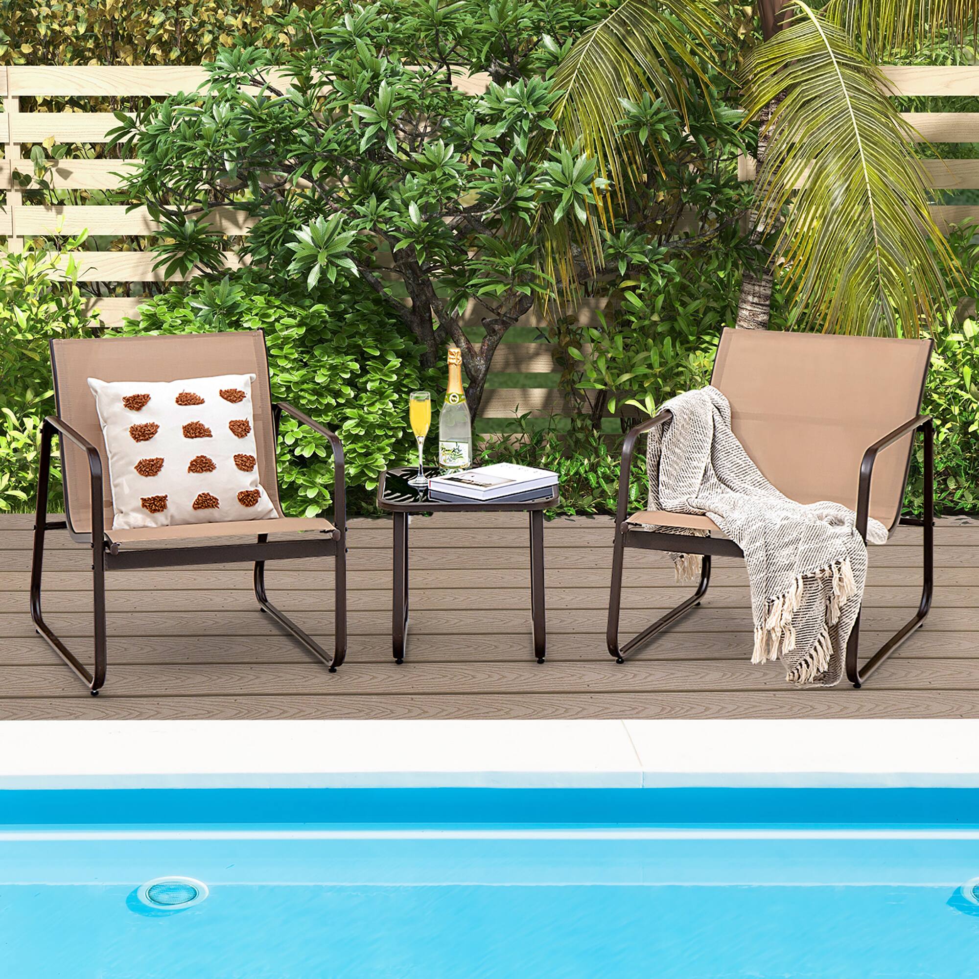 Alt View 2. Costway - Costway 3 Pieces Patio Conversation Set Outdoor Metal Chair & Table Tempered Glass Top - Brown.