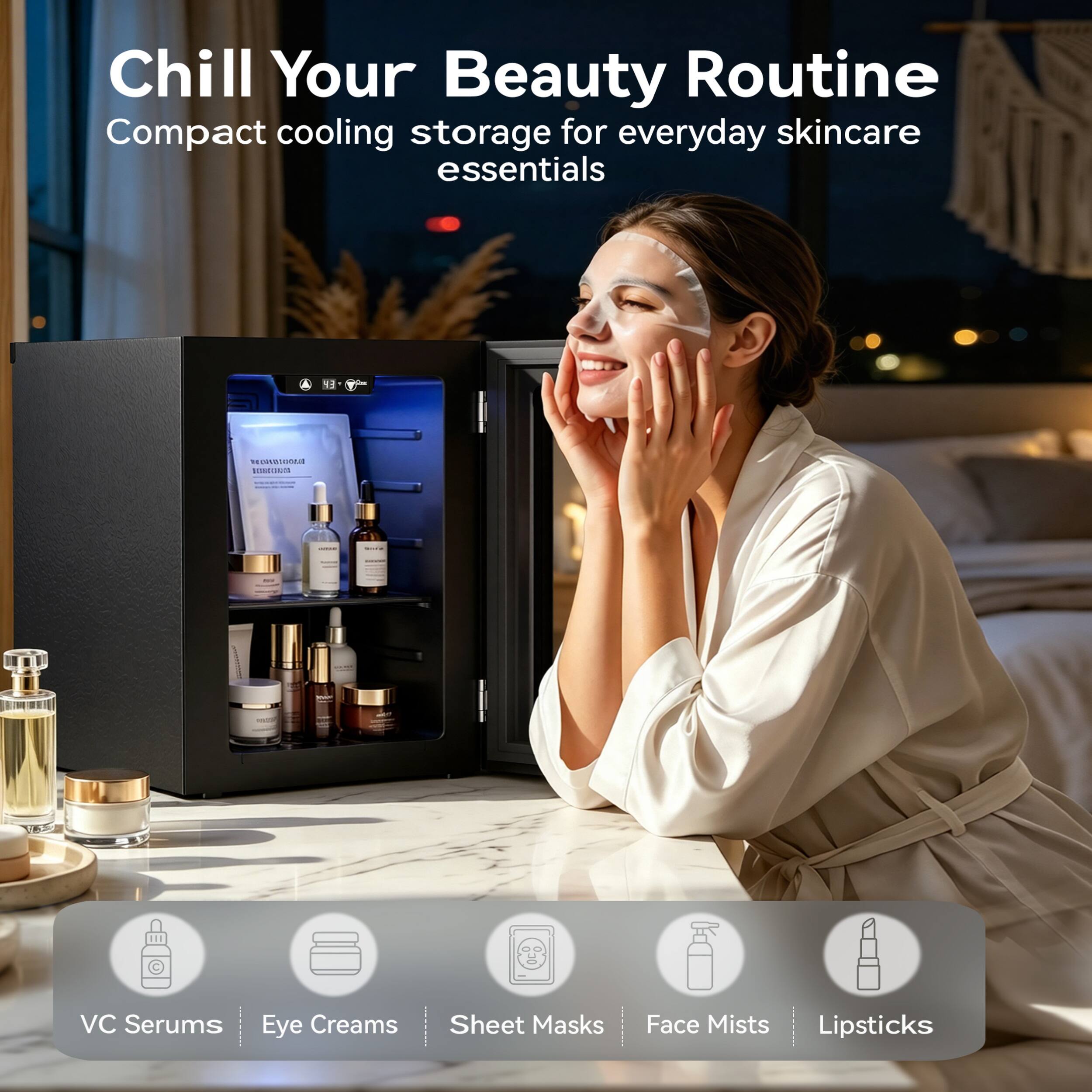 Chill Your Beauty Routine  
Compact cooling storage for everyday skincare essentials

- PRODUCT
  - VC Serums
  - Eye Creams
  - Sheet Masks
  - Face Mists
  - Lipsticks
