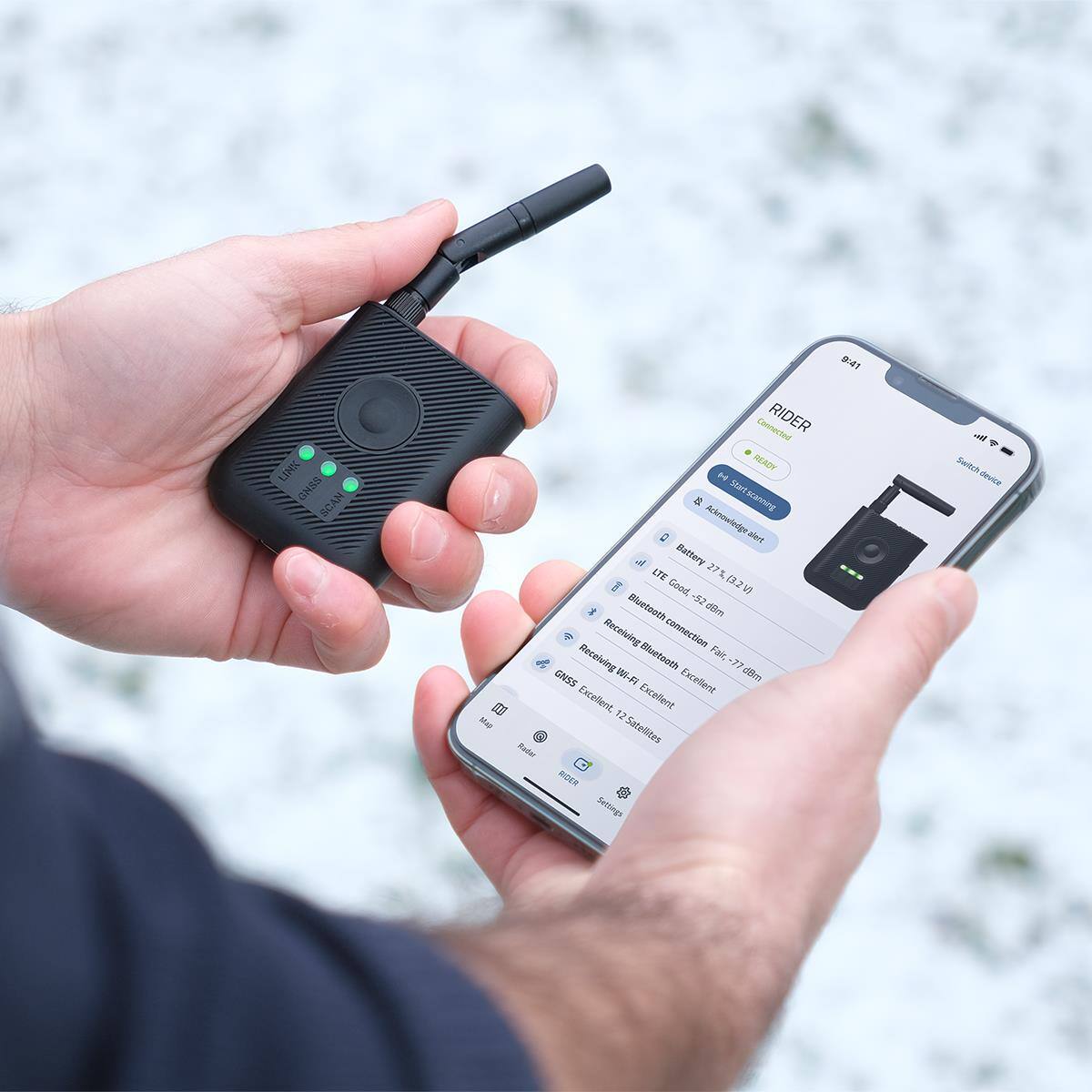 9:41 LINK GN&S SCAN MA Bader Connected RIDER RADY H Simi a scarming Anknenwiedge aiert a Battery 27% (3.2 V) Good -52 dBm Receiving connection Receiving Bluetooth -7 GNSS Excellent 7dm Excellent 12 Satellites